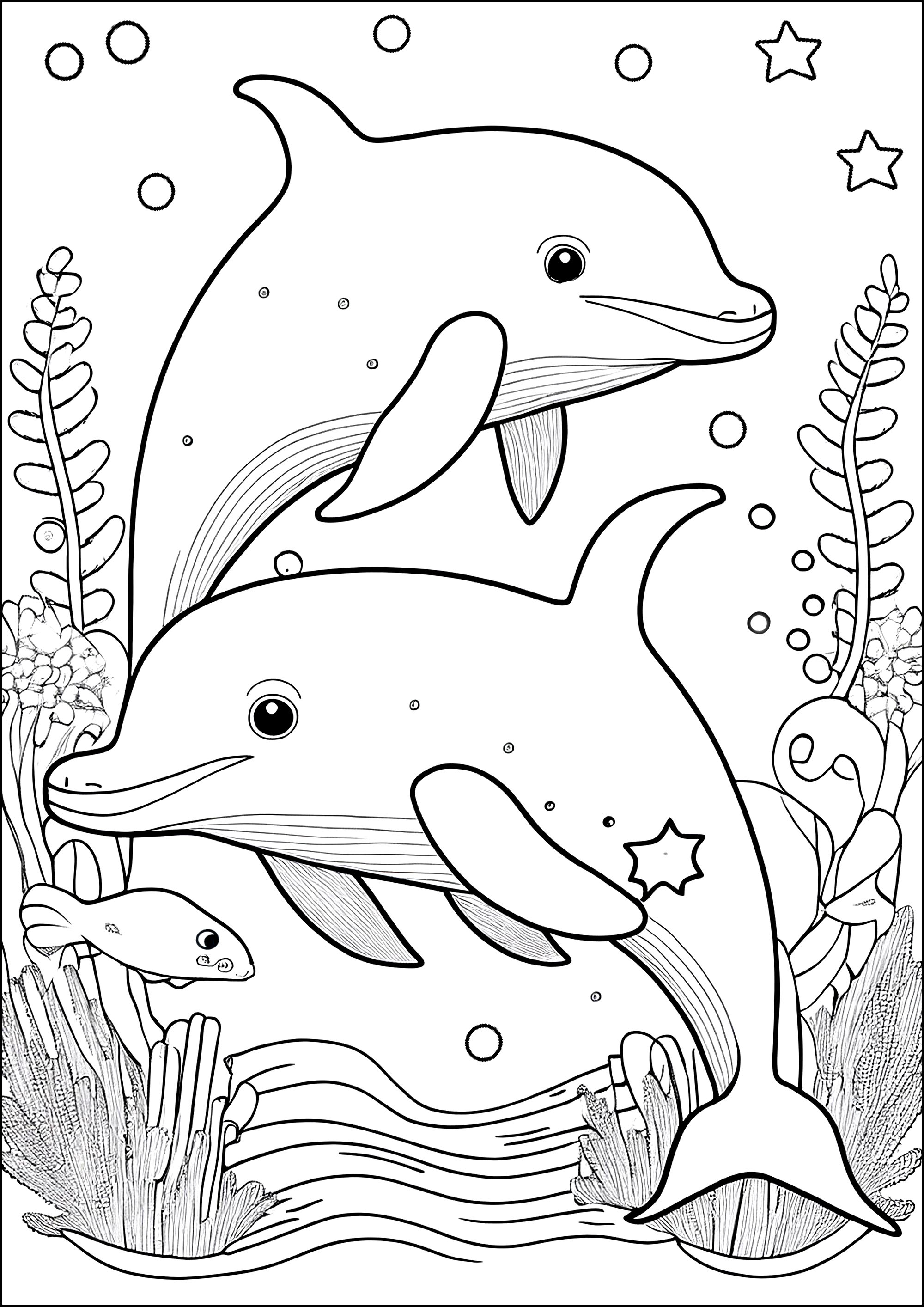 Deux Dauphins Dans Les Fonds Marins Dauphins Coloriages Faciles