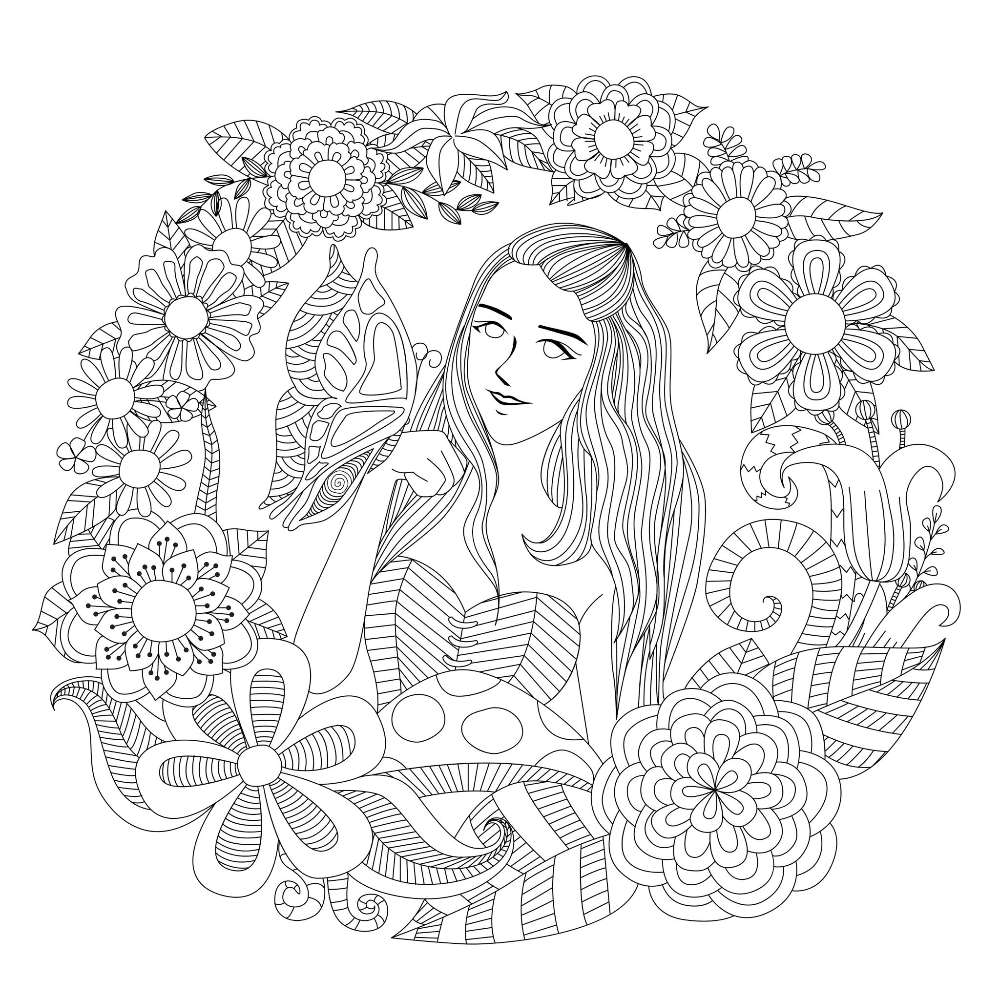 Butterfly Girl Bimdeedee Zen Anti Stress Coloring Pages Fantastic Flowered