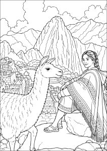 Lama and young Peruvian woman at Machu Picchu