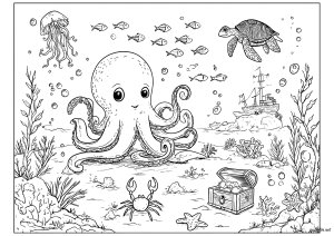 Octopus and underwater treasure