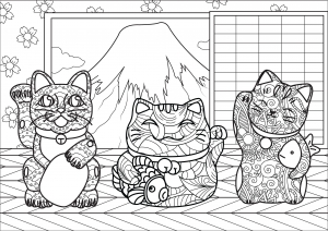 适合成人打印的着色 : Manekineko : 日本富士山前的 "榉树"（复杂版）