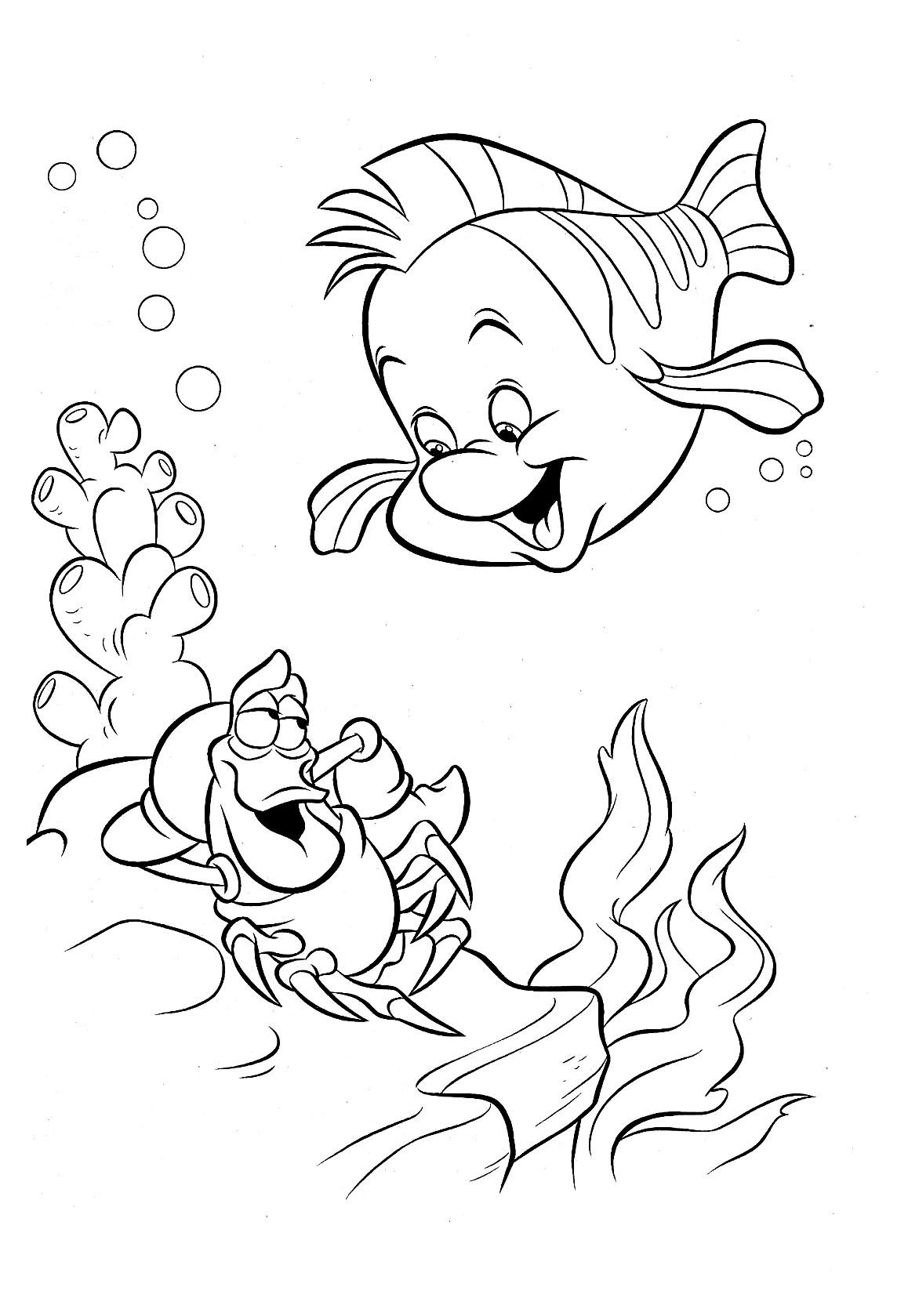 Desenho de linda pequena sereia com peixe para colorir para imprimir