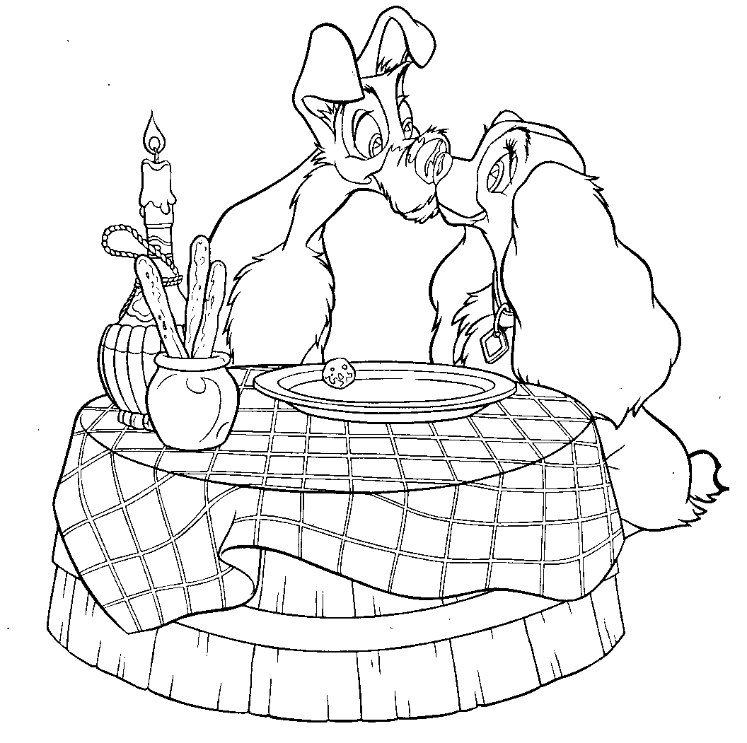 Desenho de Dama e o Vagabundo para colorir