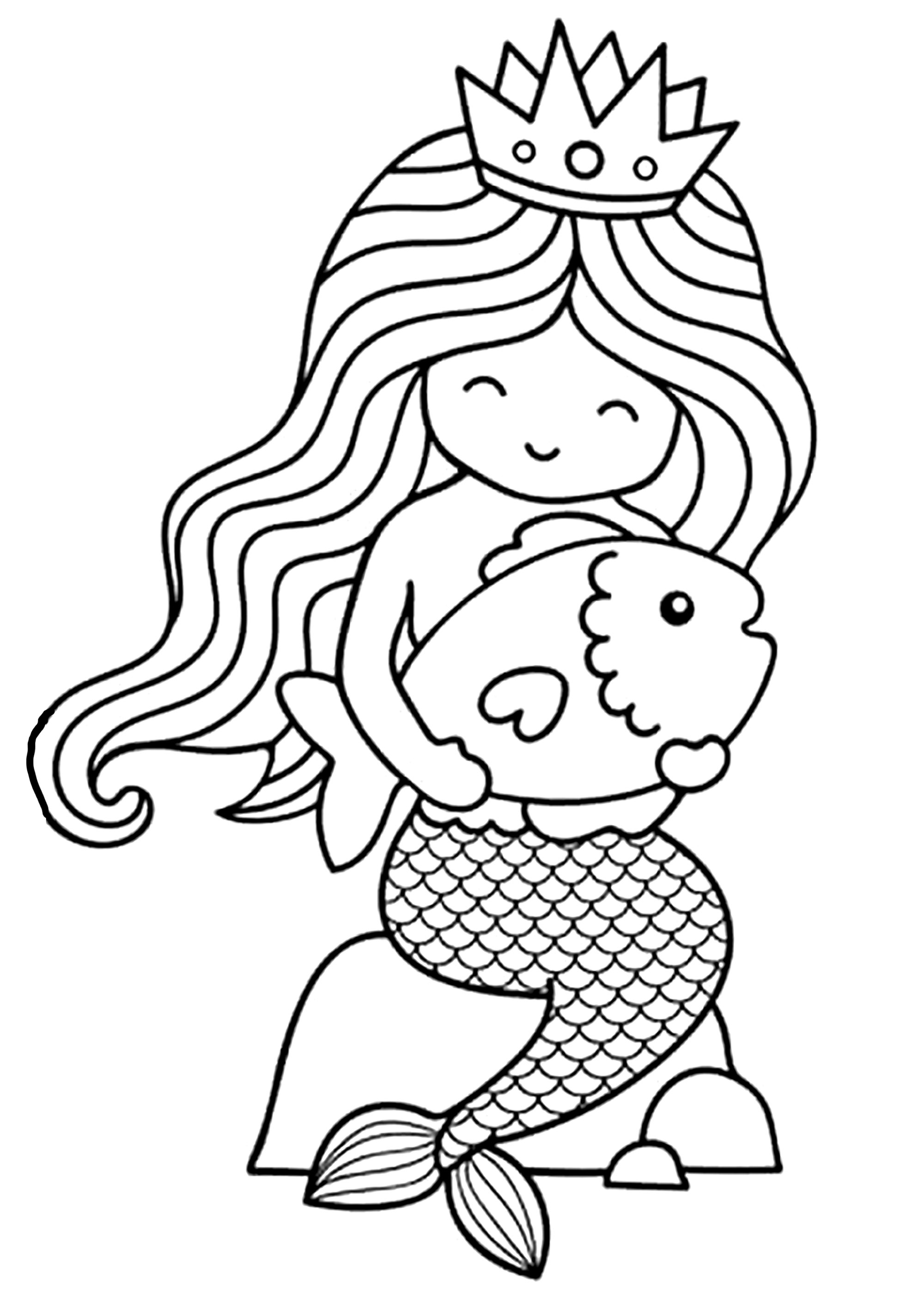 Sereia com ilustração de desenhos animados de página para colorir de peixe