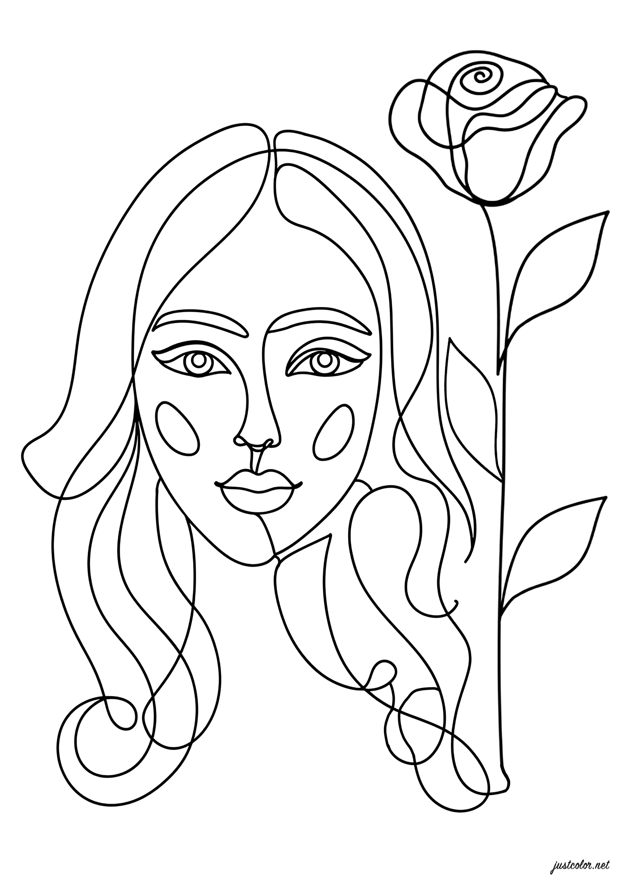 Frau und hübsche Rose (Strichzeichnung). Die Linienkunst zeichnet sich durch die ausschließliche Verwendung von kontinuierlichen Linien zur Gestaltung von Bildern aus, ohne Rückgriff auf Farbe oder Füllung.