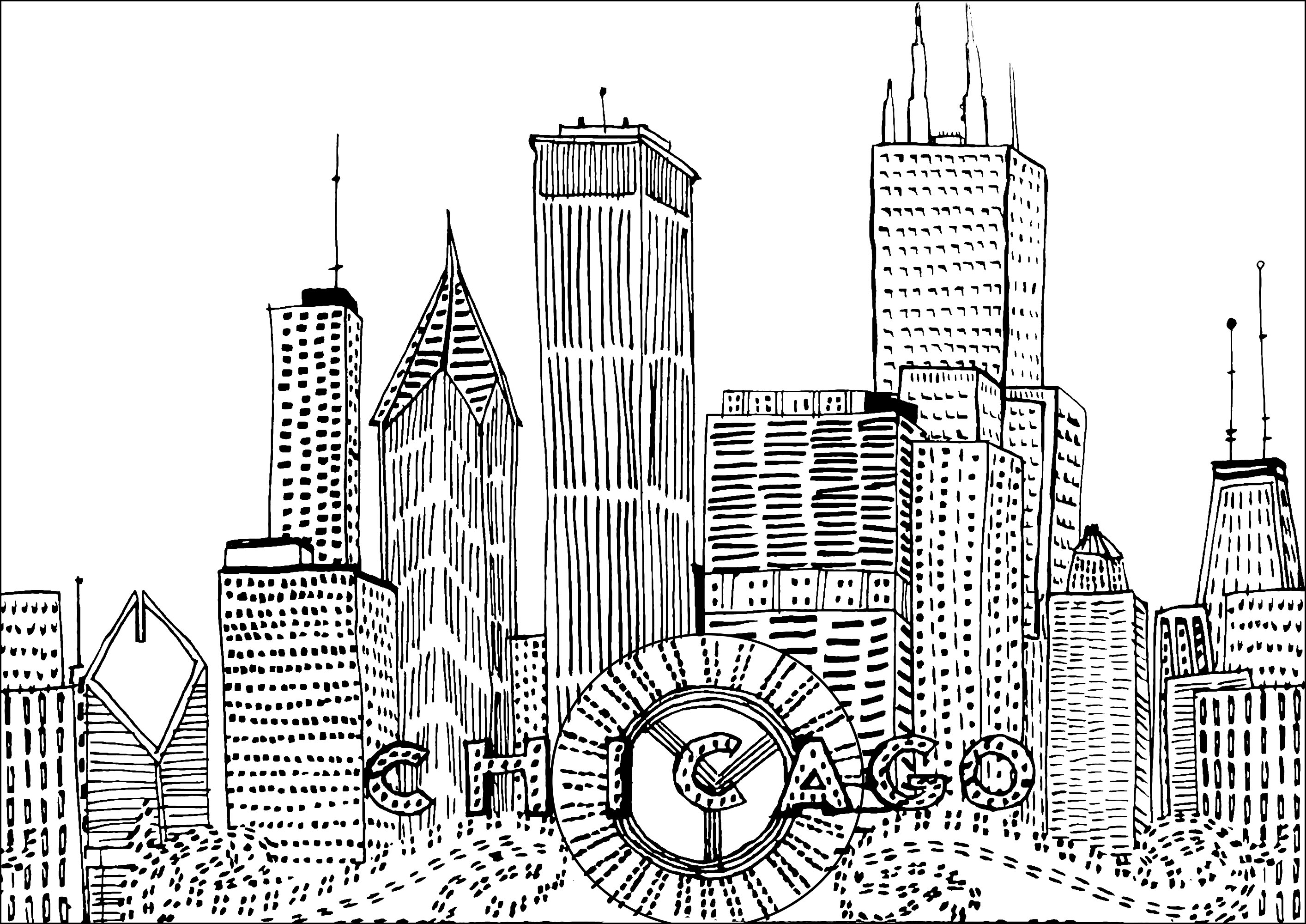 Handgezeichnete Chicagoer Wolkenkratzer. Diese Gebäude sind freihändig gezeichnet, daher sind die Konturen nicht unbedingt sehr gerade. Es ist ein sehr spezieller Stil, also liegt es an dir, die richtigen Farben hinzuzufügen!
