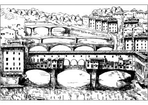 Ausmalbild von Brucke zum Ausdrucken und Ausmalen für Erwachsene : Die Ponte Vecchio in Florenz (Italien)