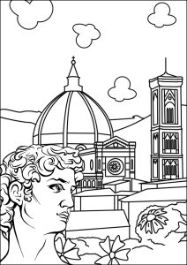 Ausmalbild von zum Ausdrucken und Ausmalen für Erwachsene : Kathedrale Santa Maria del Fiore und der David von Michelangelo, Florenz