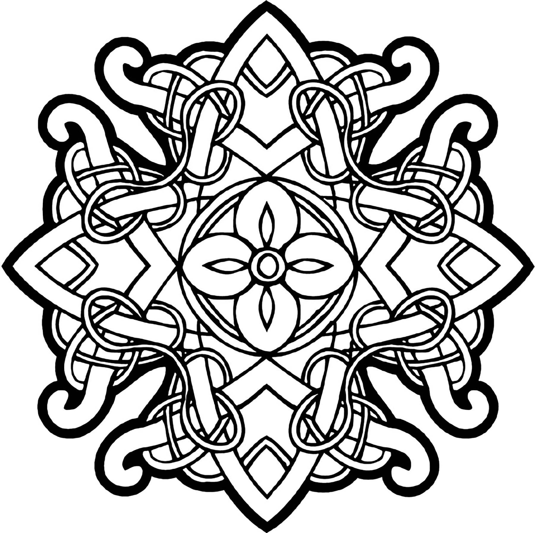 Ein hübsches keltisches Mandala. Verschlungene Linien, typisch für die keltische Kunst, dicke Striche und perfekte Symmetrie. Hier ist ein Mandala zum Ausmalen, das dich auf eine Reise in die wunderschönen Ebenen Irlands mitnimmt ...