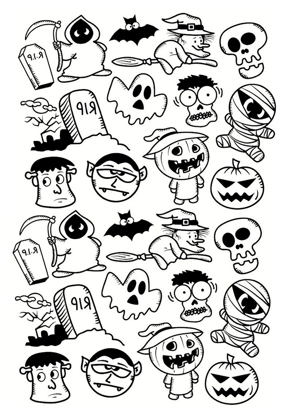 Halloween-Figuren, ein lustiges Doodle zum Ausmalen
