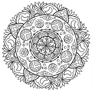 Ausmalbild von Planet zum Ausdrucken und Ausmalen für Erwachsene : Mandala mit Planeten und Raketen