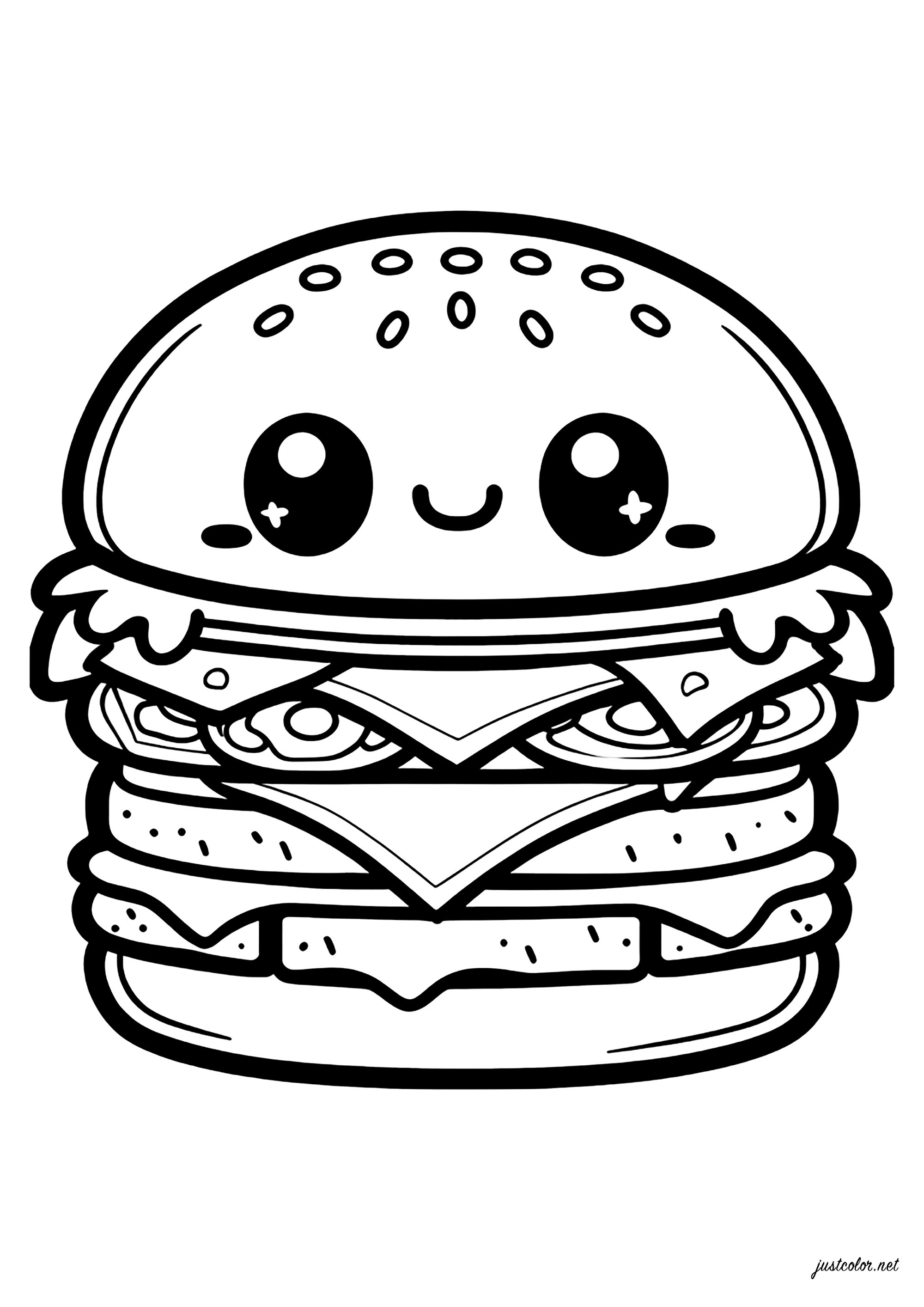 Hamburger gourmand. Hamburger dessiné avec le style kawaii avec plusieurs couches de nourriture : fromage, steak, tranches de tomates, salade, oignons ... Chaque couche est clairement définie, un vrai délice !