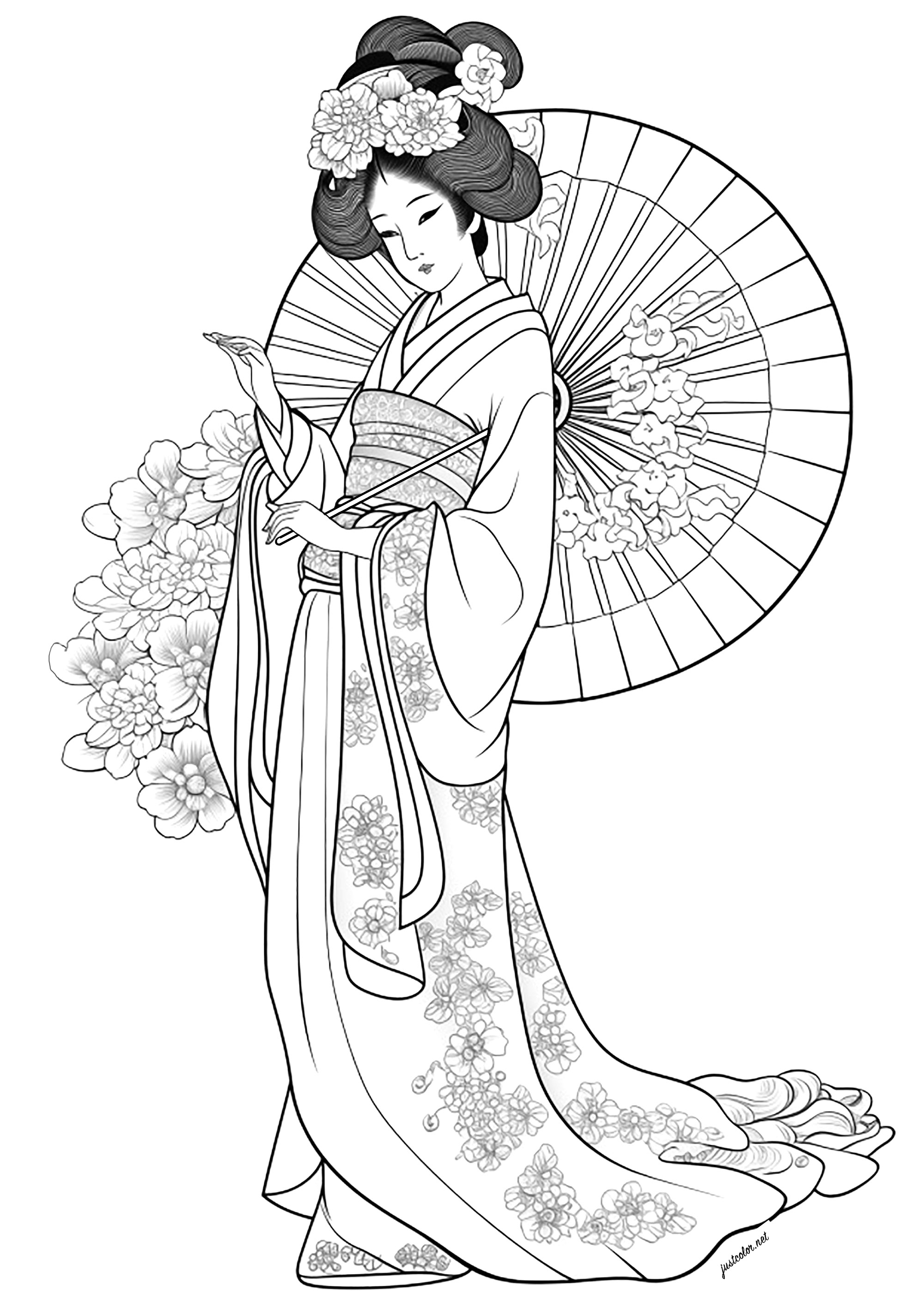 Hermosa geisha y abanico - Japón - Colorear para Adultos