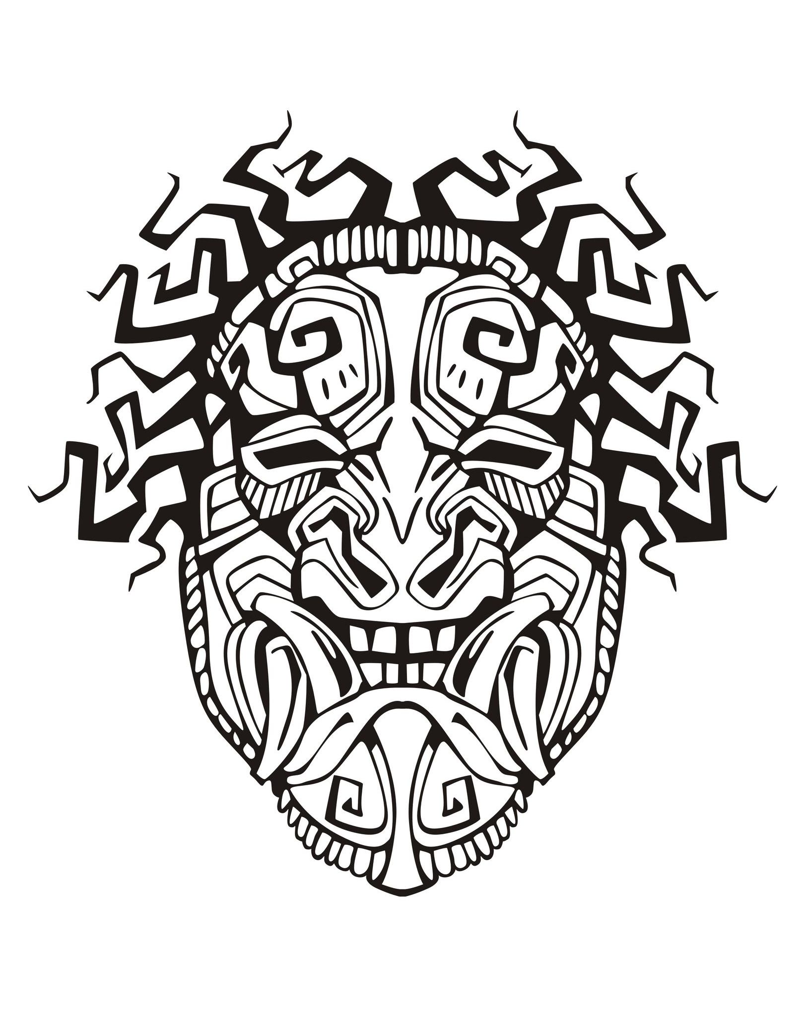 Coloriage adulte masque inspiration inca maya azteque 1