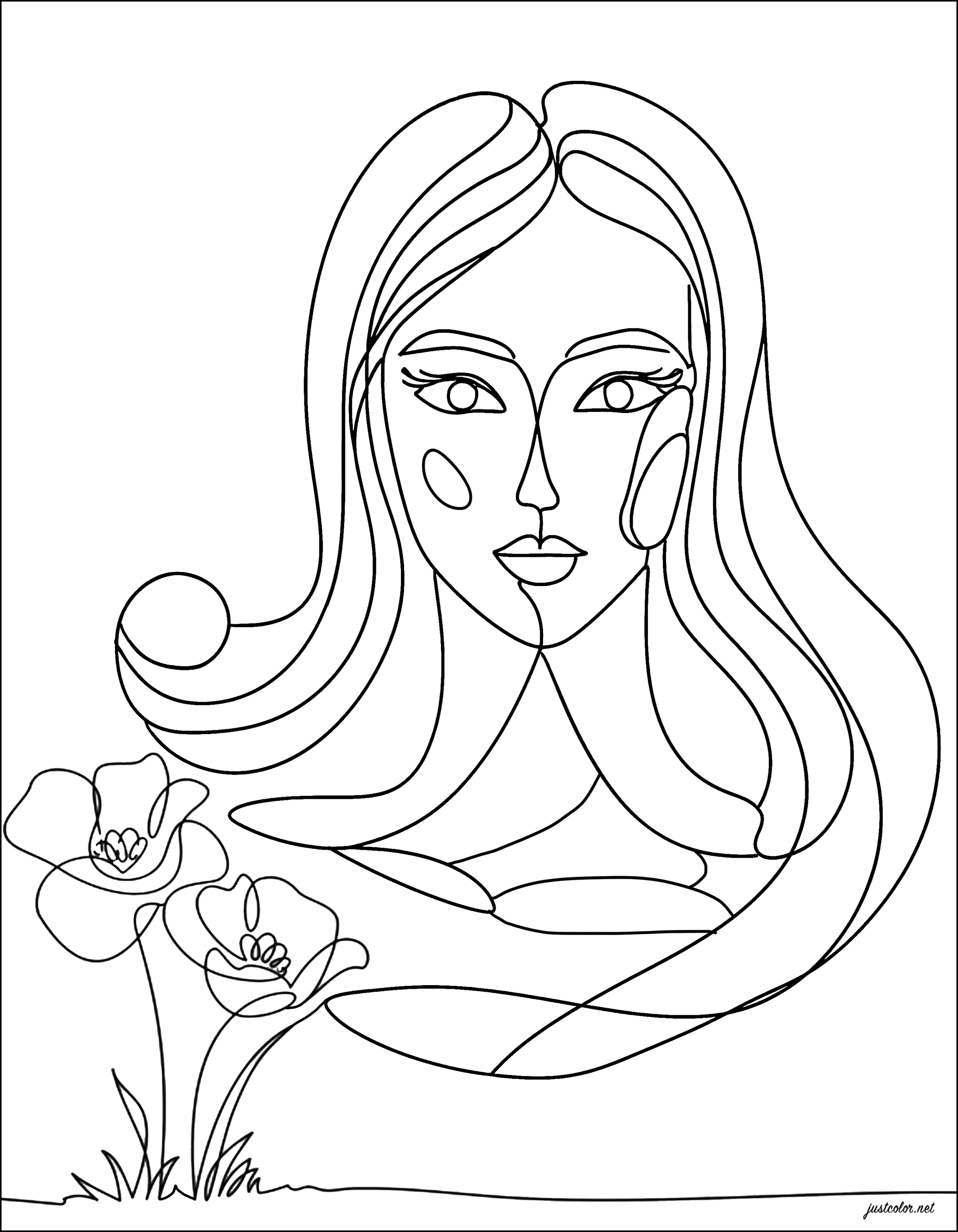 Femme et fleurs (Line art). Le line art est une technique artistique consistant à créer des images en utilisant uniquement des lignes, sans ajouter de couleur ou de remplissage.
