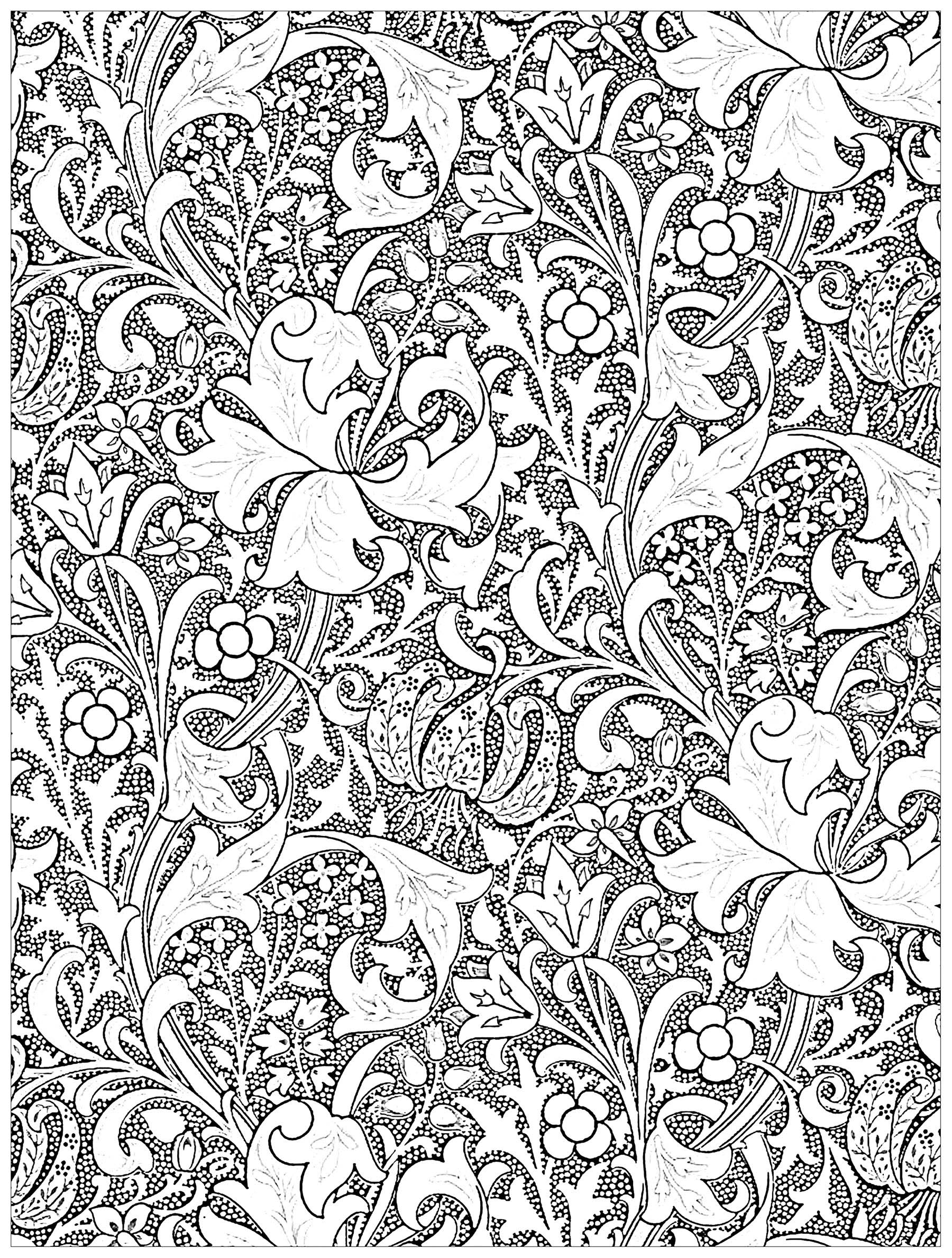 Coloriage exclusif réalisé à partir d'une oeuvre Art Nouveau sur textile de John Henry Dearle : Golden Lily (1899) ... Coloriez ces tiges et tendres lys entrelacés ...