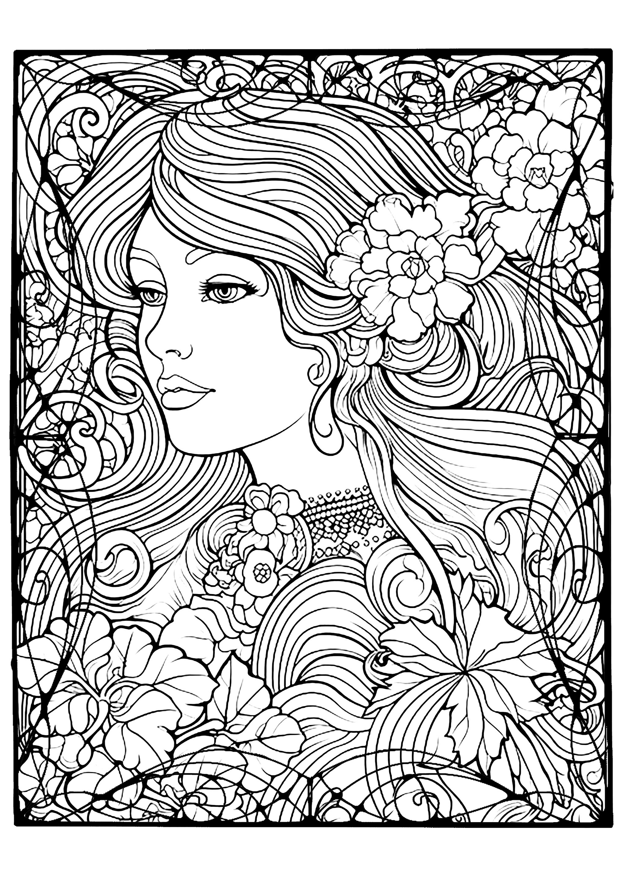 Femme élégante et joli cadre style Art Nouveau - Coloriages d'Art ...