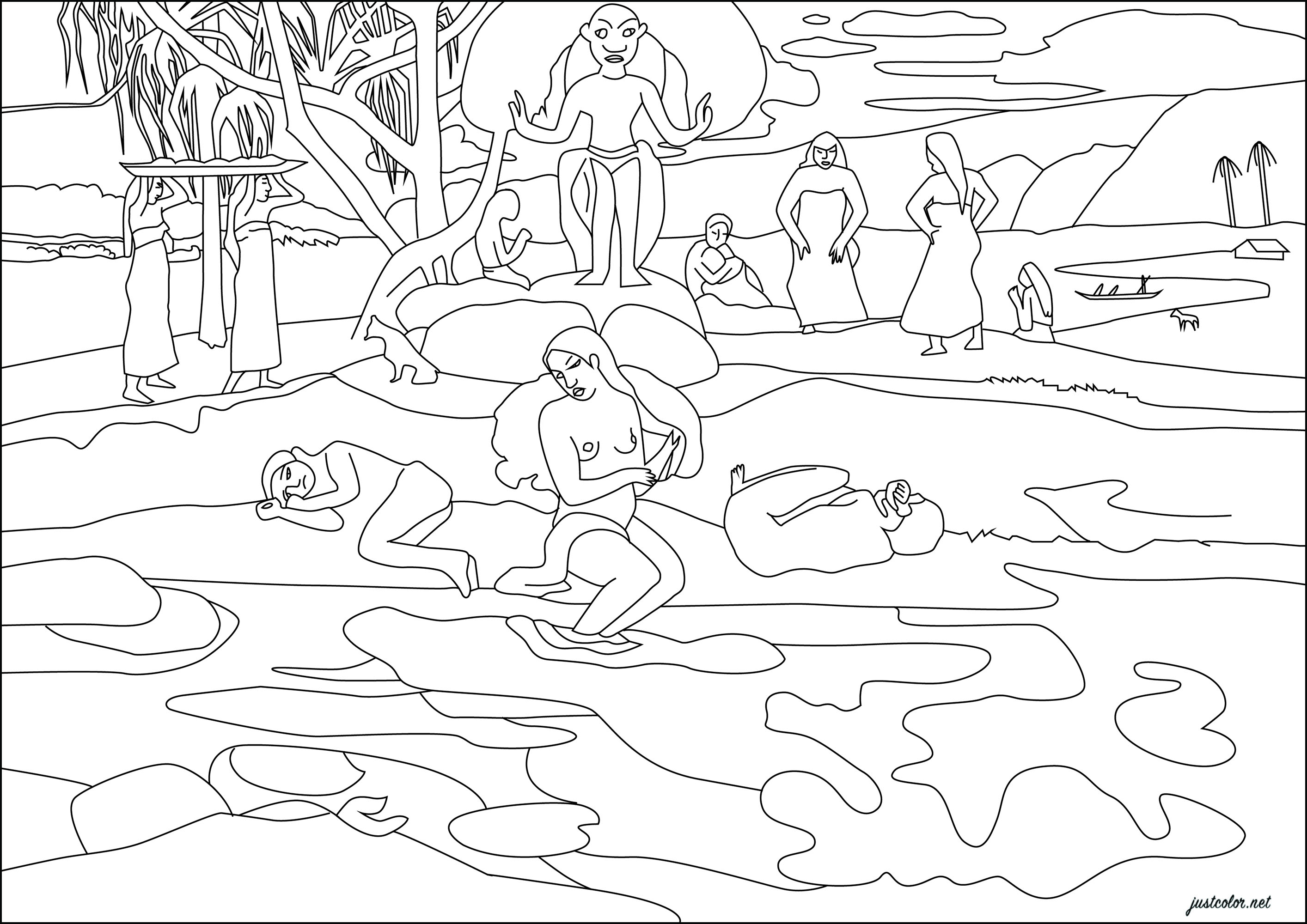 Paul Gauguin : Mahana no atua (Jour de Dieu) (1894). Dans ce tableau, Gauguin présente un paradis tropical où une divinité règne sur des figures symboliques se promenant sur un remblai, entourées de bassins d'eau aux couleurs vives.Cette œuvre, produite à Paris après son premier voyage à Tahiti, témoigne de l'abstraction et de l'avant-gardisme de l'artiste, mêlant fantaisie et souvenirs dans une composition psychédélique, Artiste : Gaelle Picard