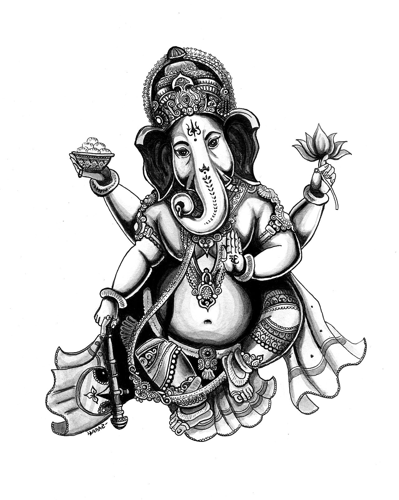 Magnifique dessin du Dieu à tête d'éléphant Ganesh, nombreux détails dans ses bijoux et ornements, minutie indispensable pour ce magnifique coloriage !