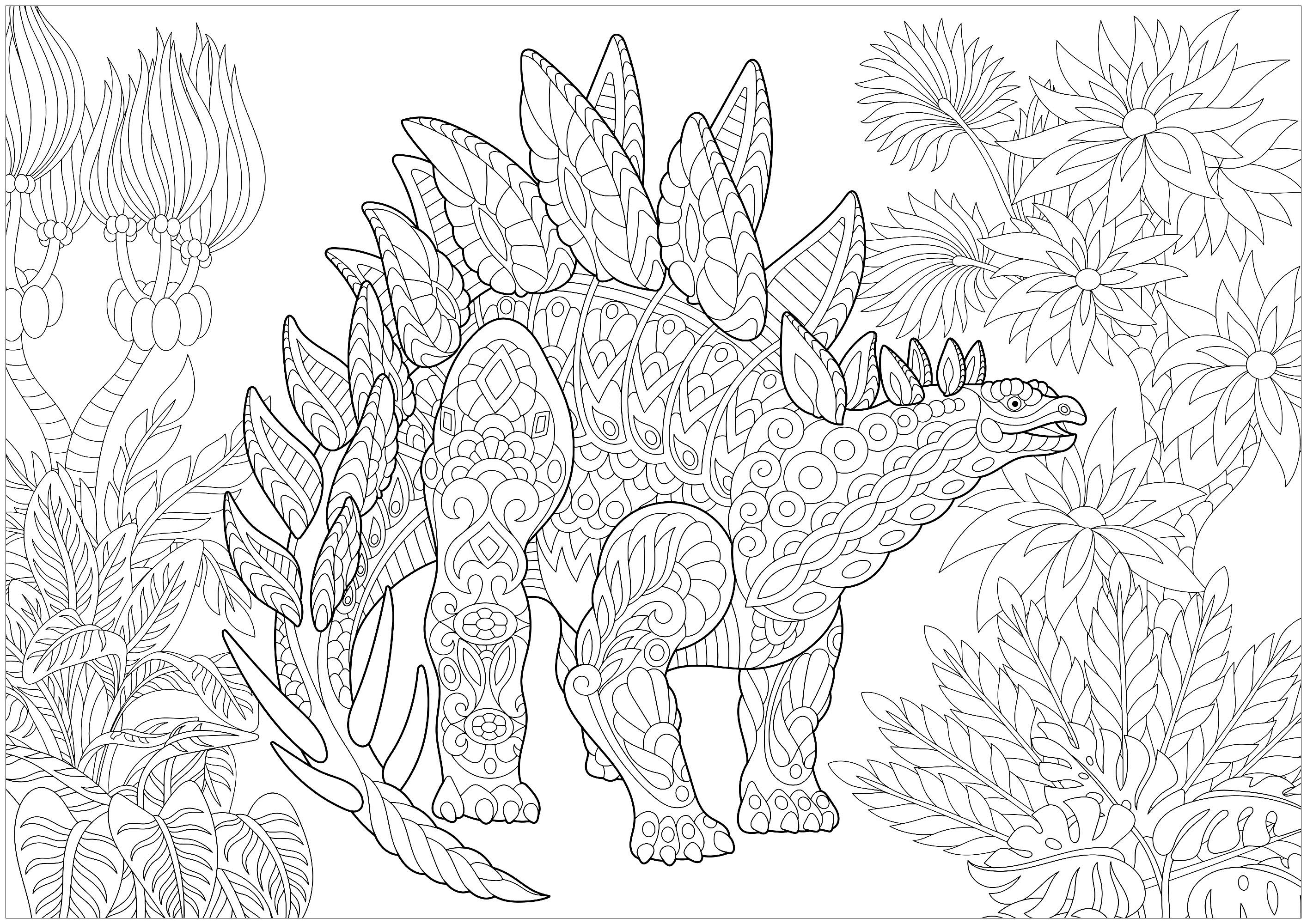 Stégosaure / Stegosaurus  Dinosaures  Coloriages difficiles pour adultes