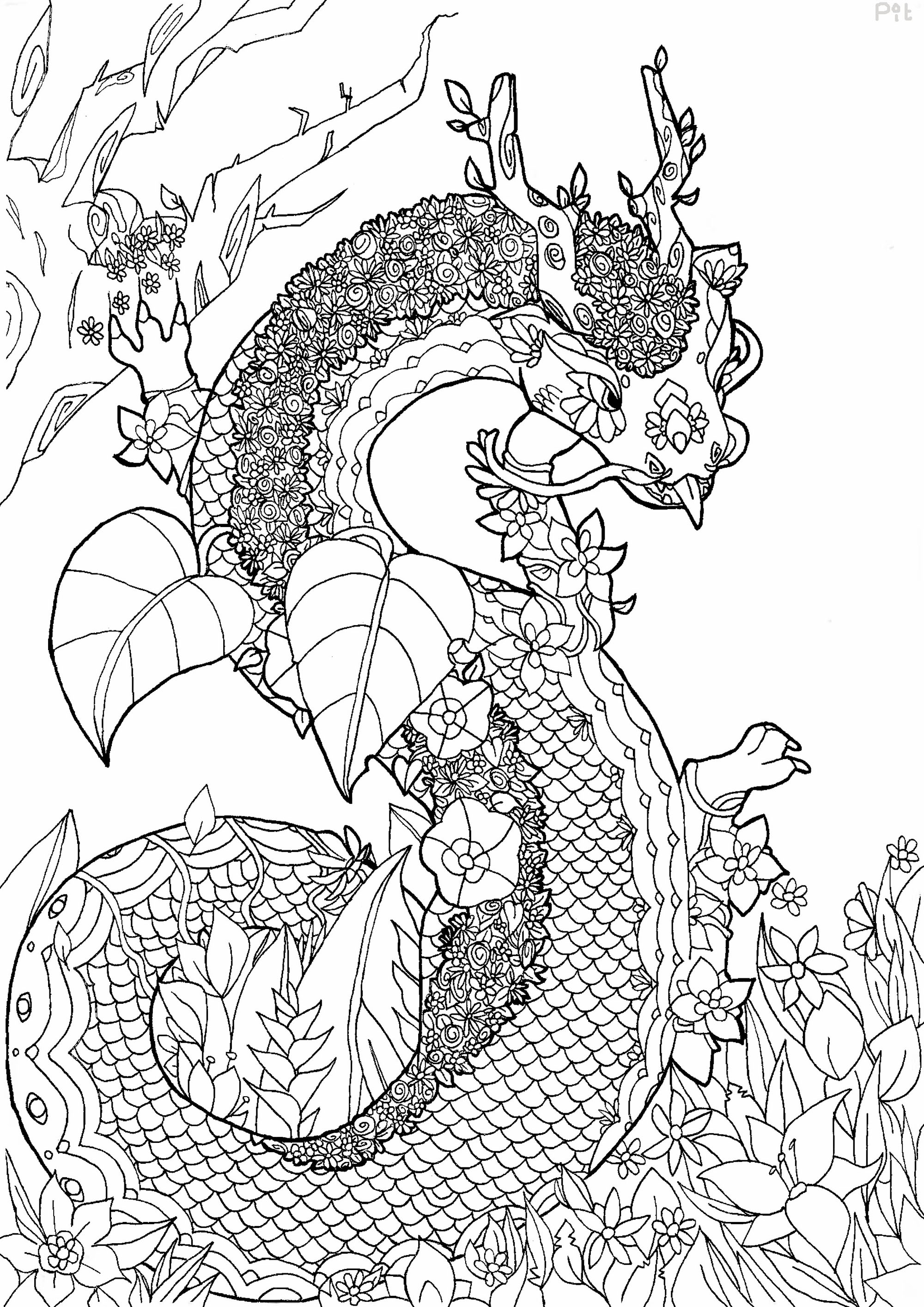 coloriage adulte dragon fleuri