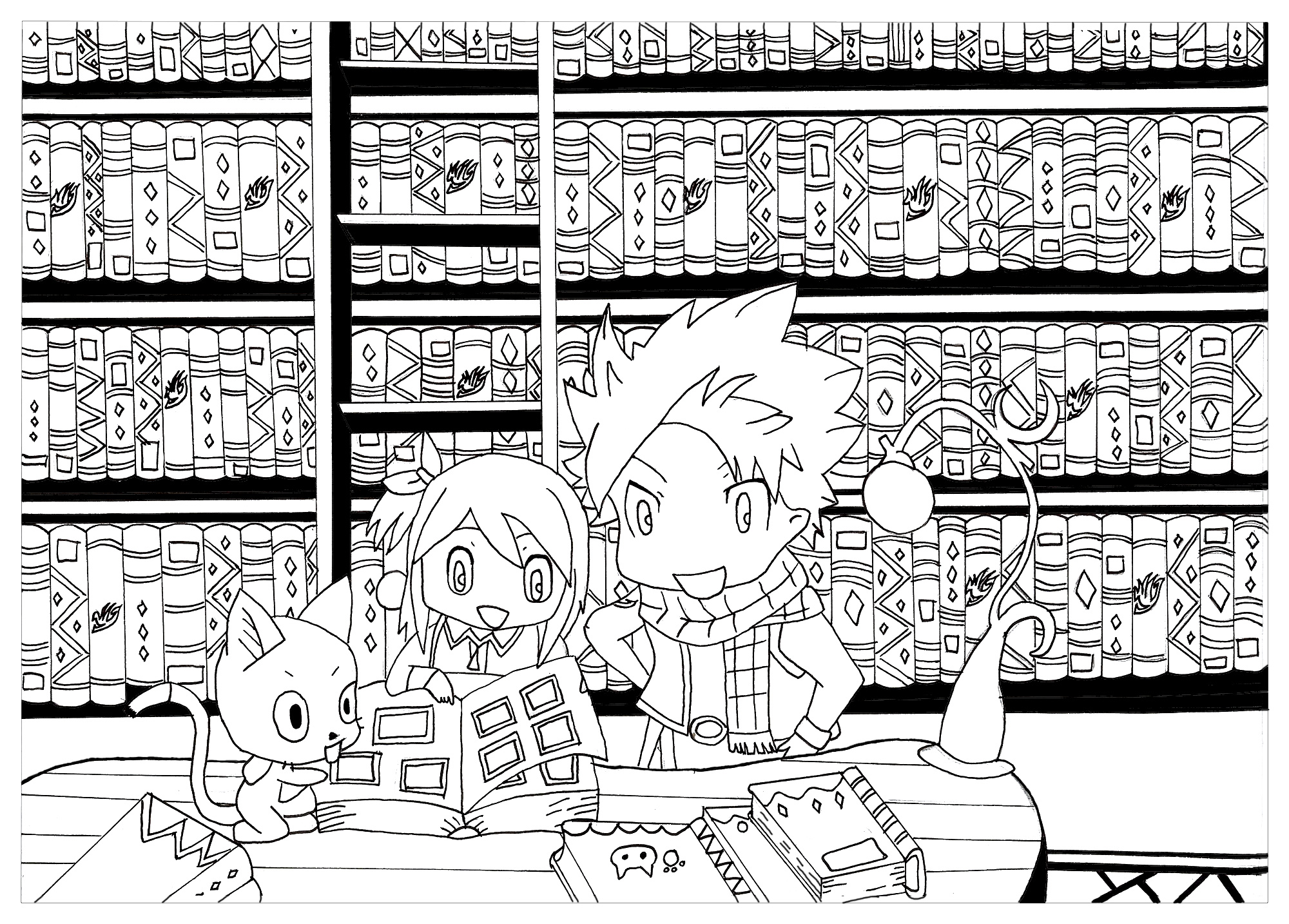 Ceci est un coloriage de chibi avec les personnages de Fairy Tail Natsu Lucy et