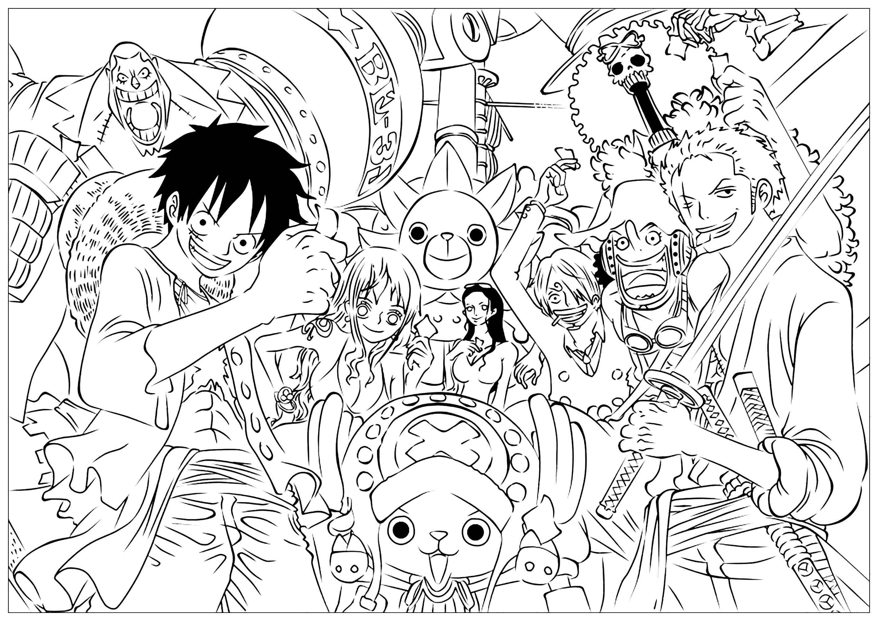 Les personnages de One piece dans un coloriage plein de détails - Mangas -  Coloriages difficiles pour adultes