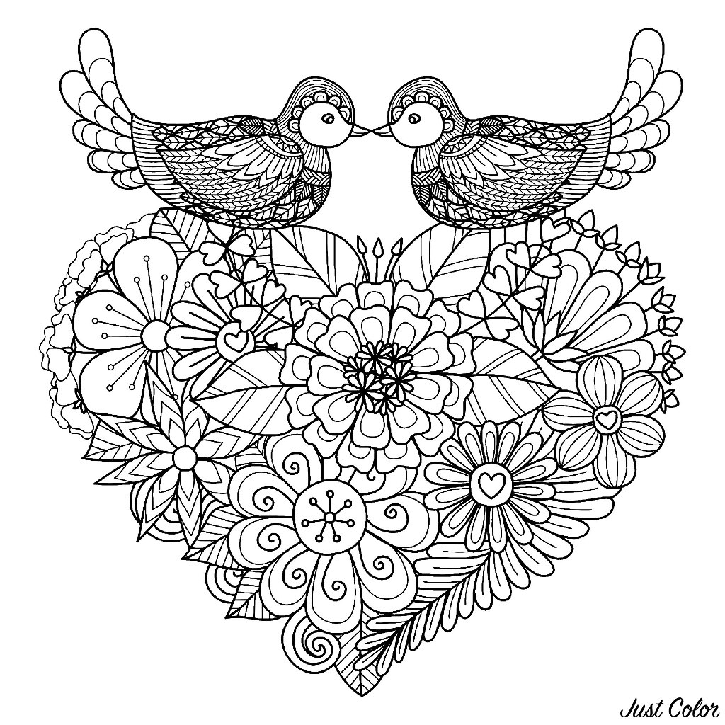 Deux Oiseaux Sur Un Coeur Saint Valentin Coloriages