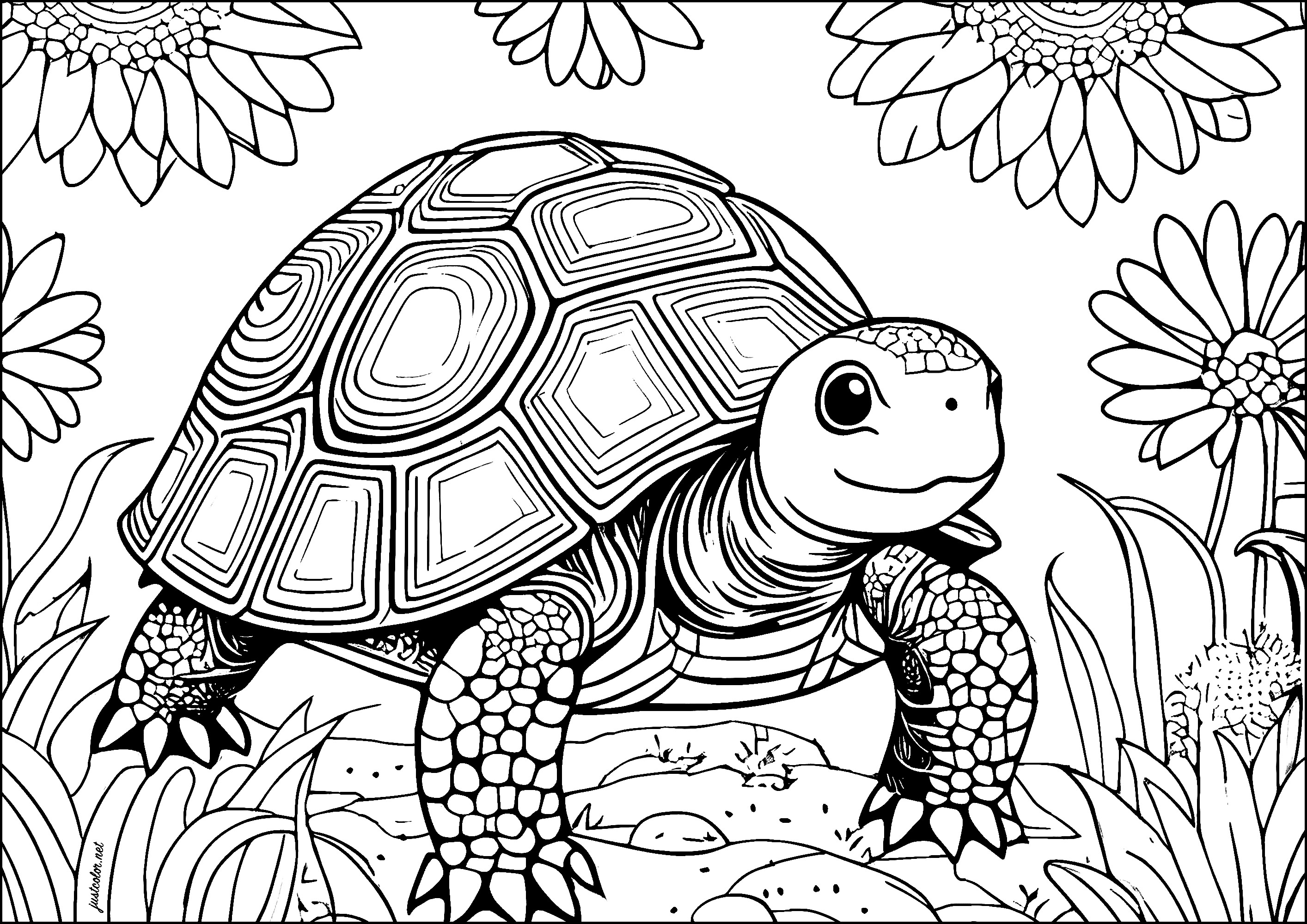 Grande et jolie tortue avec fond fleuri