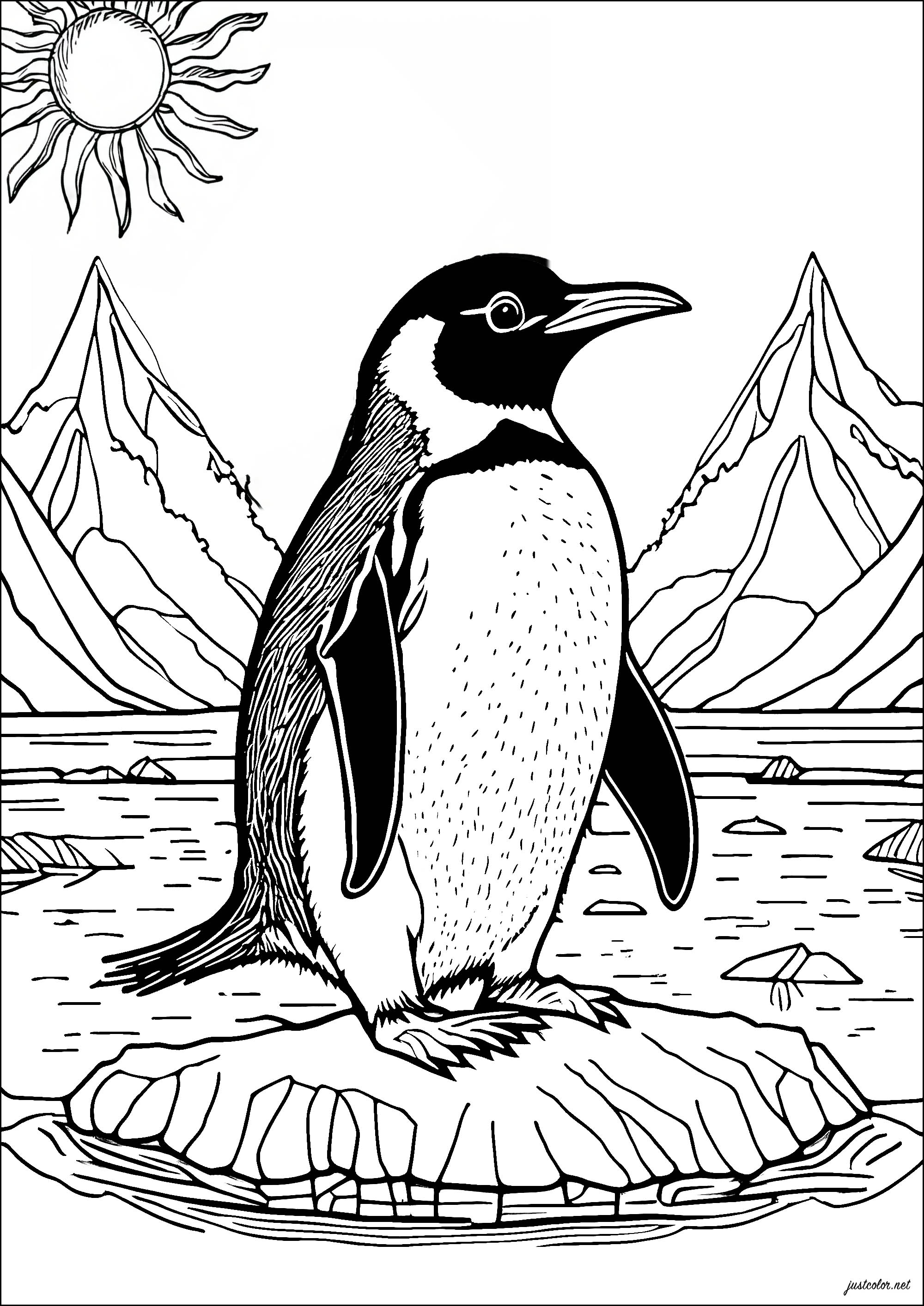 Un bel pinguino su un blocco di ghiaccio. Ritrovarsi sulla banchisa con questa bella pagina da colorare