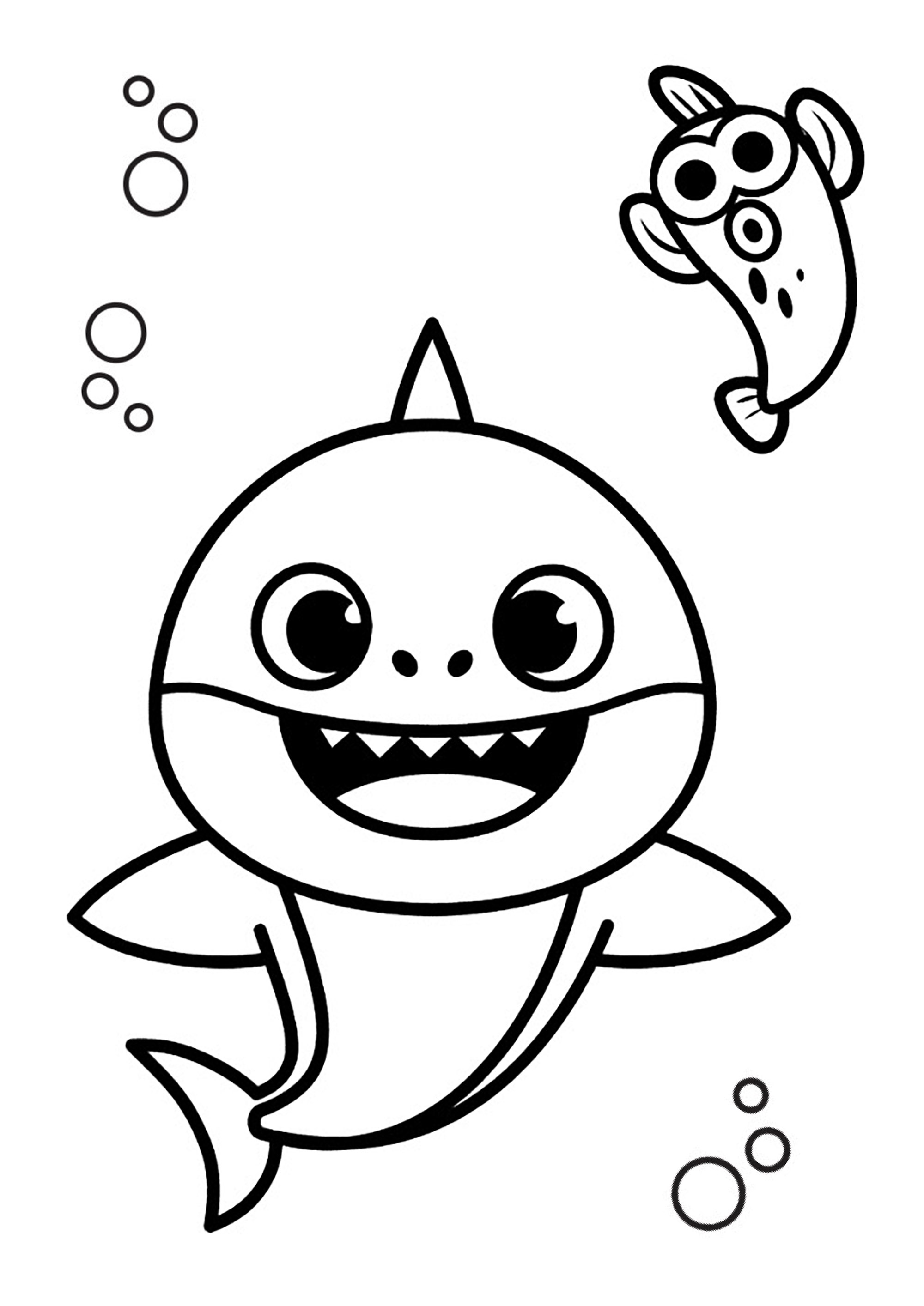 Baby Shark and a fish friend, with bubbles - Baby Shark Kids Coloring Pages