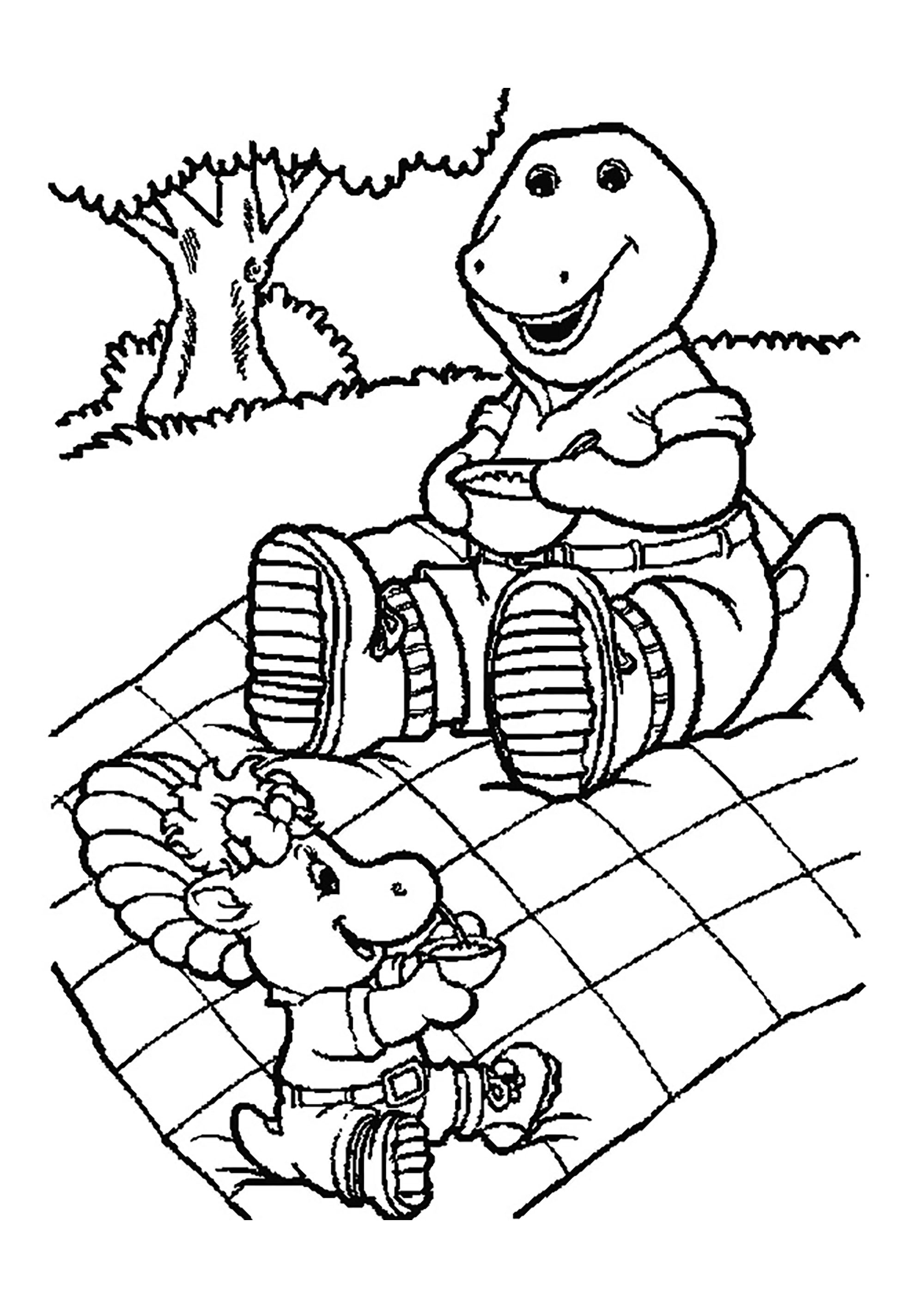 Picnic with Barney and Baby Bop - Barney Coloring Pages for Kids