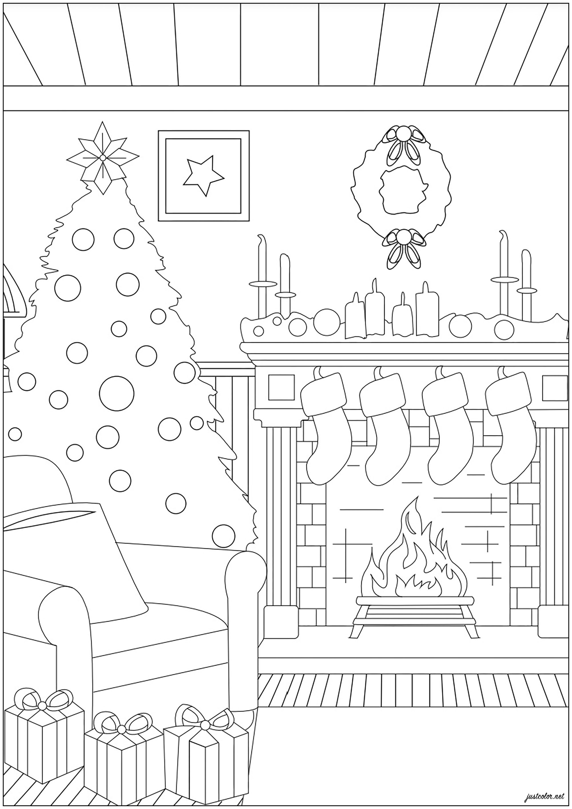 A living room decorated for Christmas - Christmas Coloring Pages for Kids