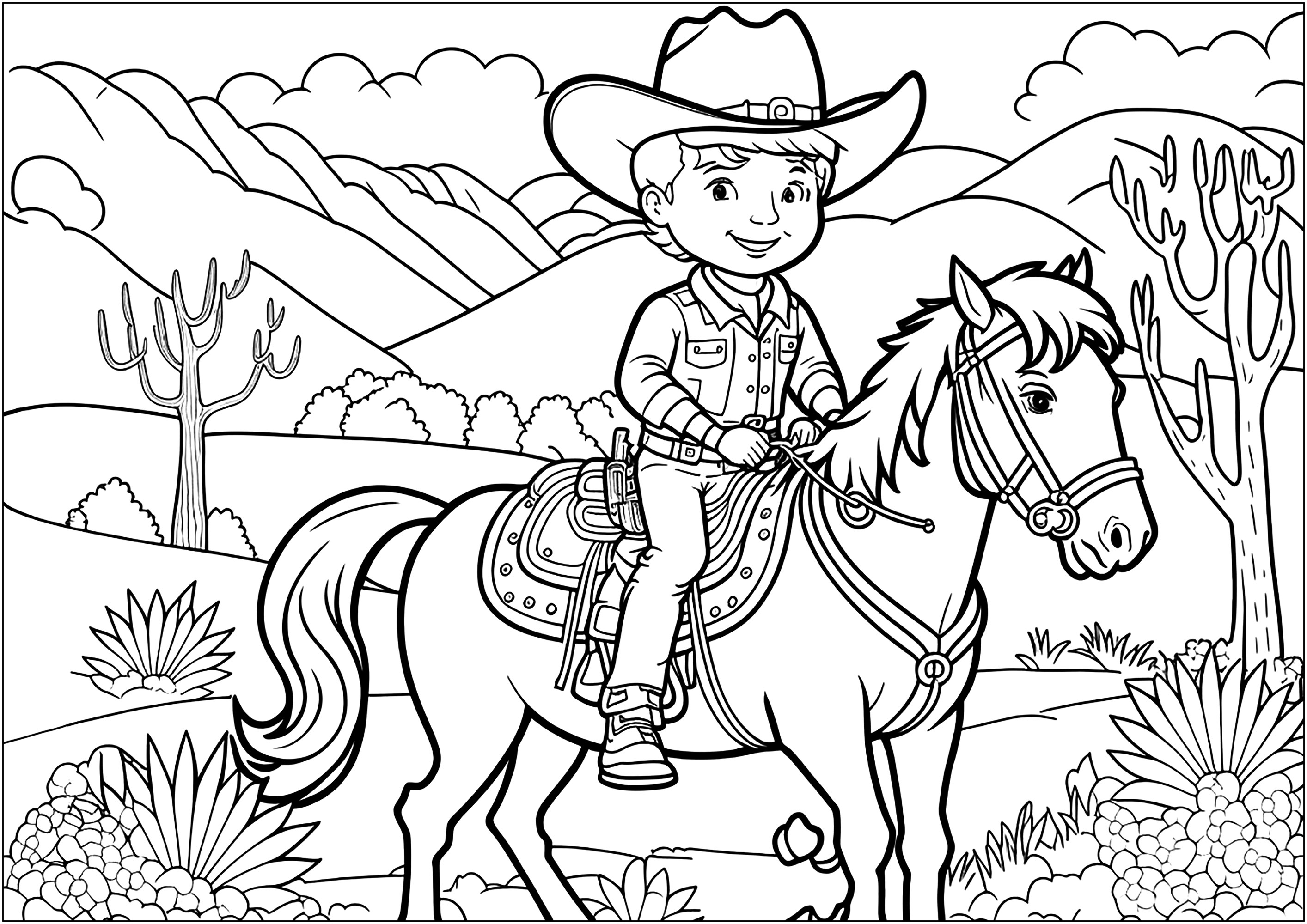 Cowboy and his horse - Cow-boys Kids Coloring Pages