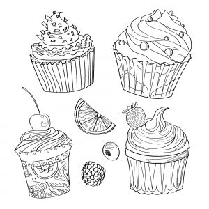 Delicious cupcakes and fruit pieces