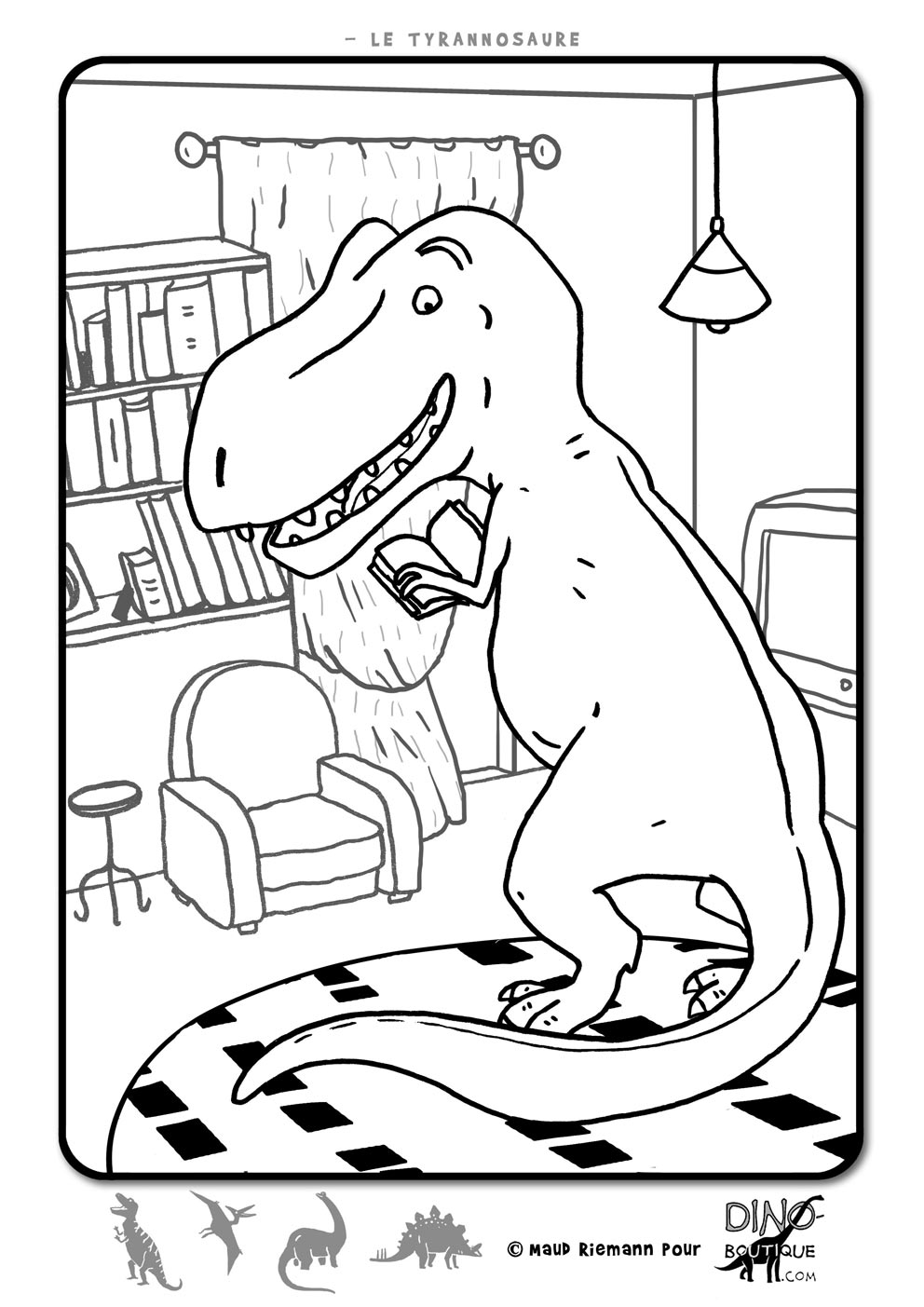 A funny T Rex in a house, to color