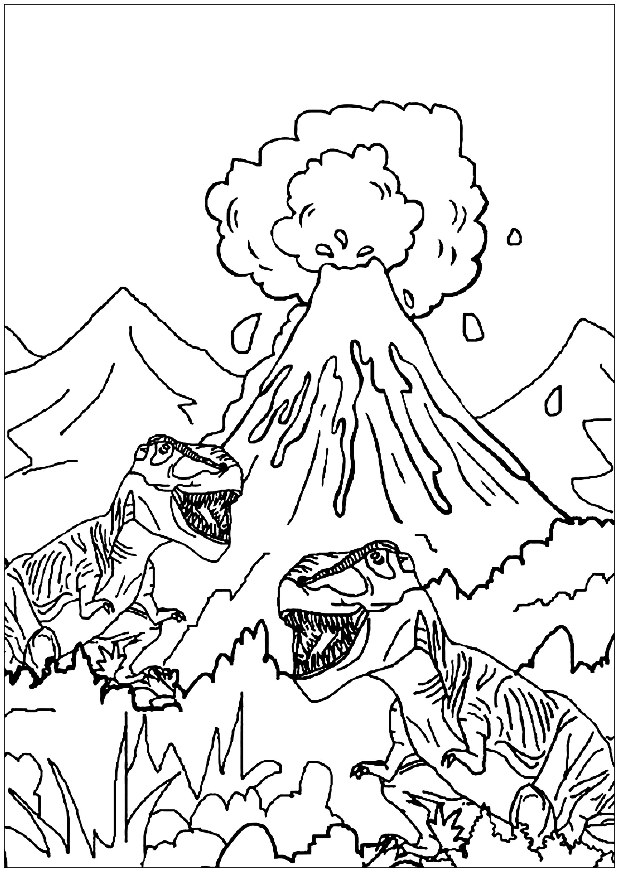 These two tyrannosaurs walk around a volcano