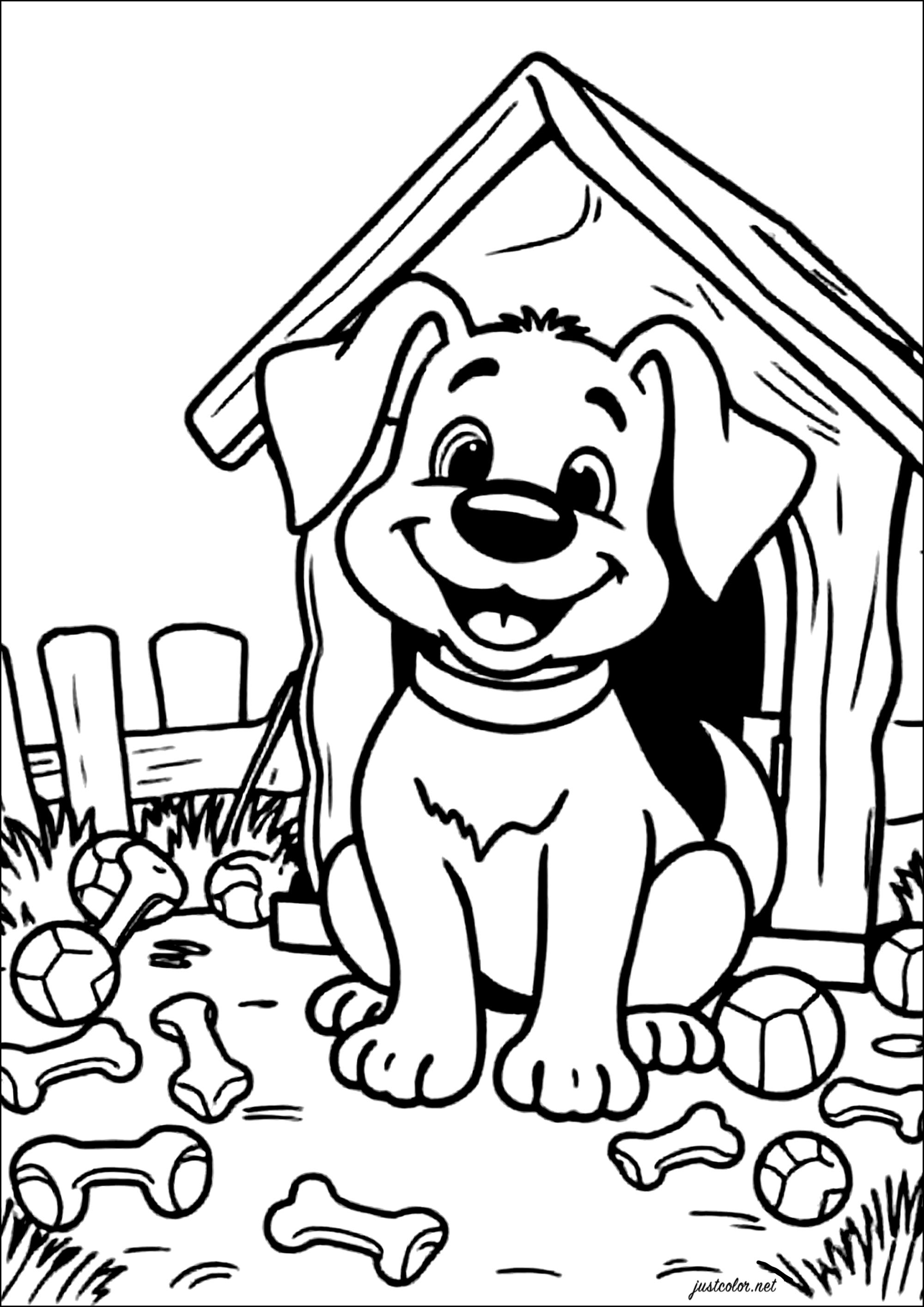 Dog in front of its kennel with bones - Dog Coloring Pages for Kids