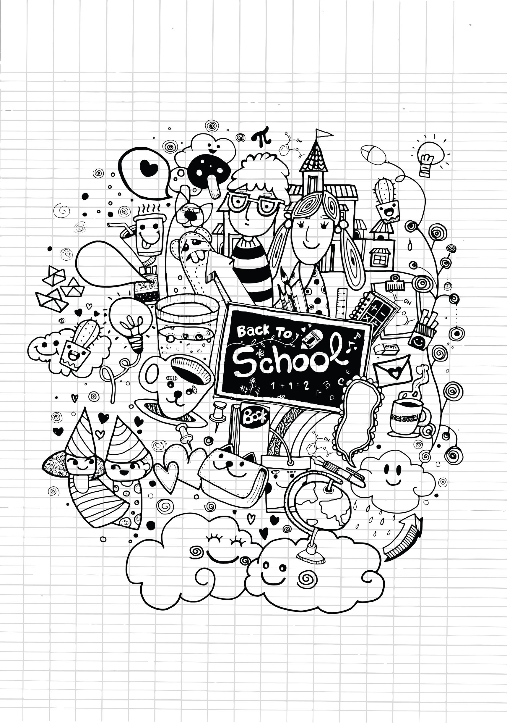 Kids Doodle Clipart, Cute School Clipart Digital Stamps Hand-drawn Black  and White Graphics Commercial Use Instant Download - Etsy