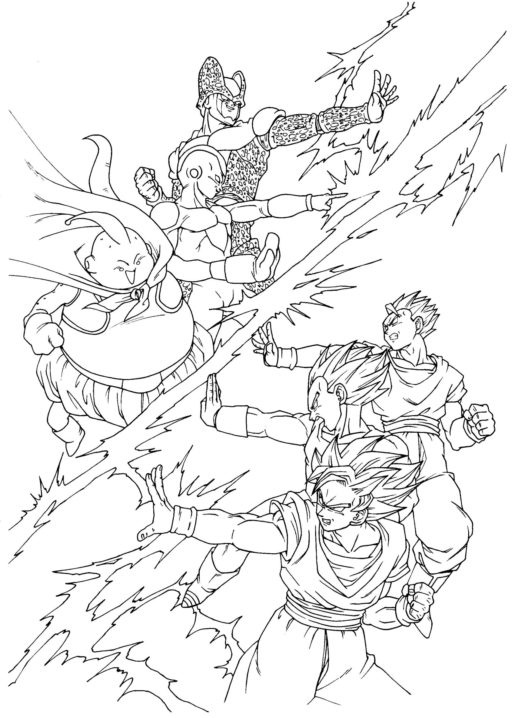 Free Dragon Ball Z coloring page to print and color, for kids : Songoku , Vegeta , Son. Gohan against Cell , Boo and Freezer