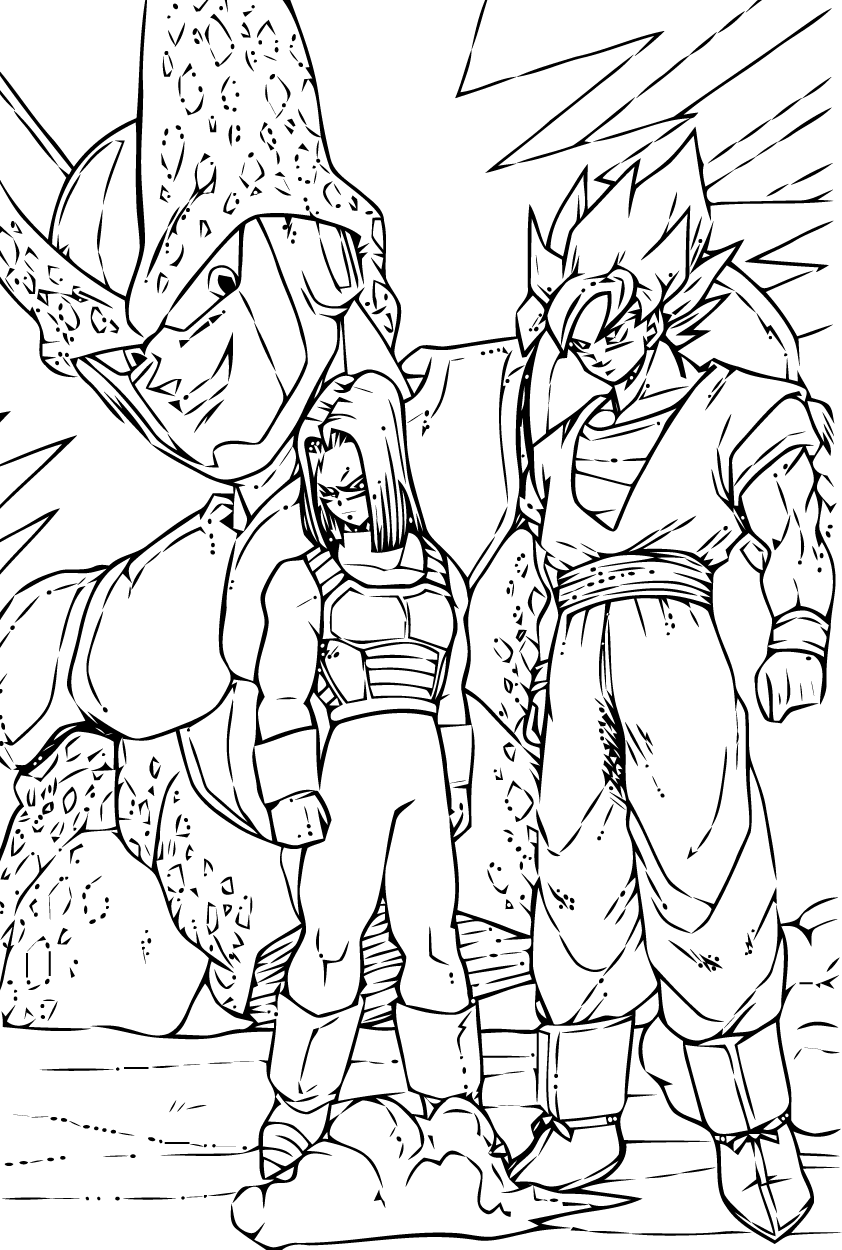 Funny Dragon Ball Z coloring page : Songoku , Trunks and Cell