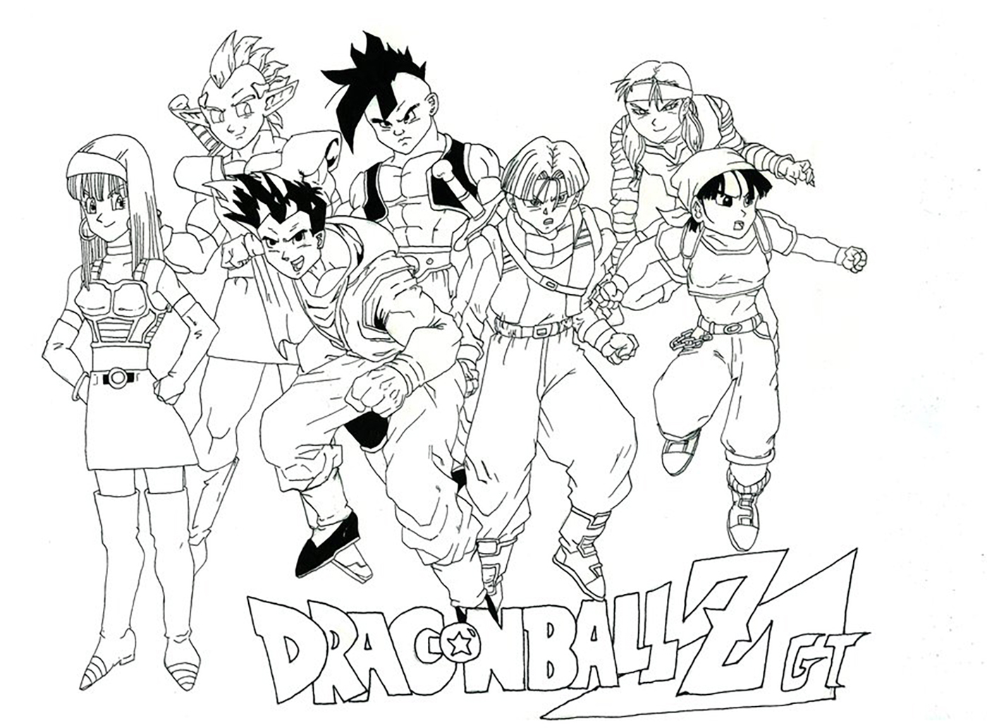 Incredible Dragon Ball Z coloring page to print and color for free : Oob , Bulma , Trunks , Yamcha , Videl and Warriors