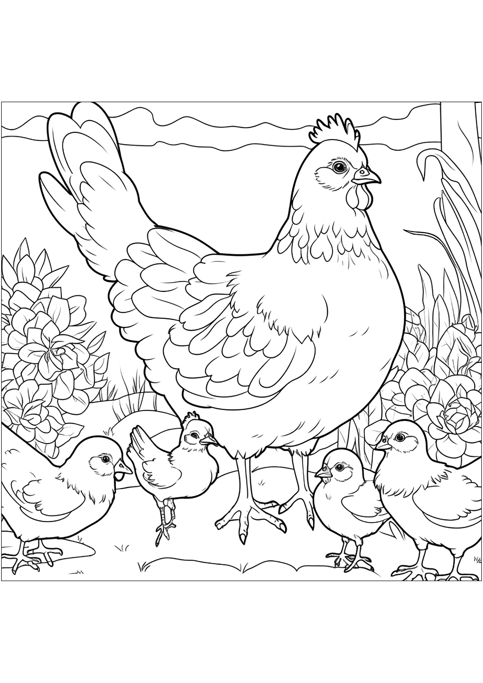 Premium Vector | Mother hen and two chicks suitable for children's coloring  page vector illustration