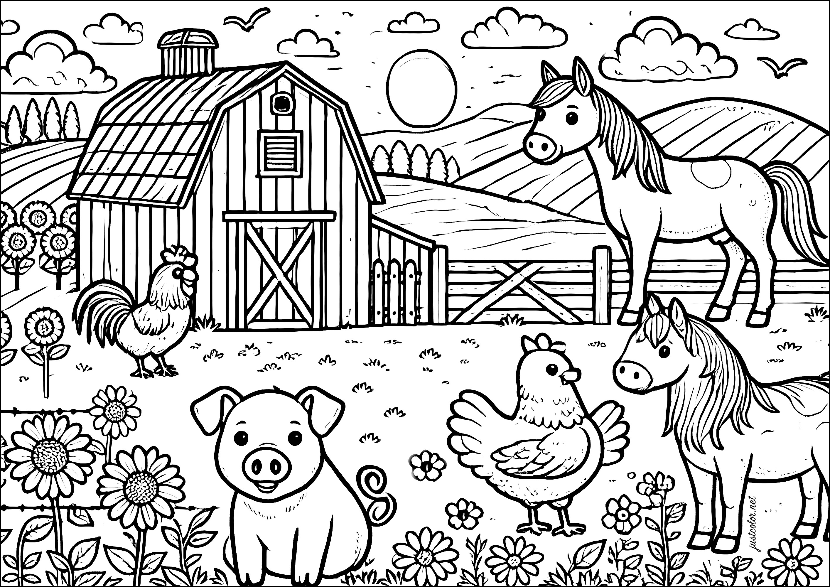 Farm animals: pigs, horses and chickens - Farm Coloring Pages for Kids