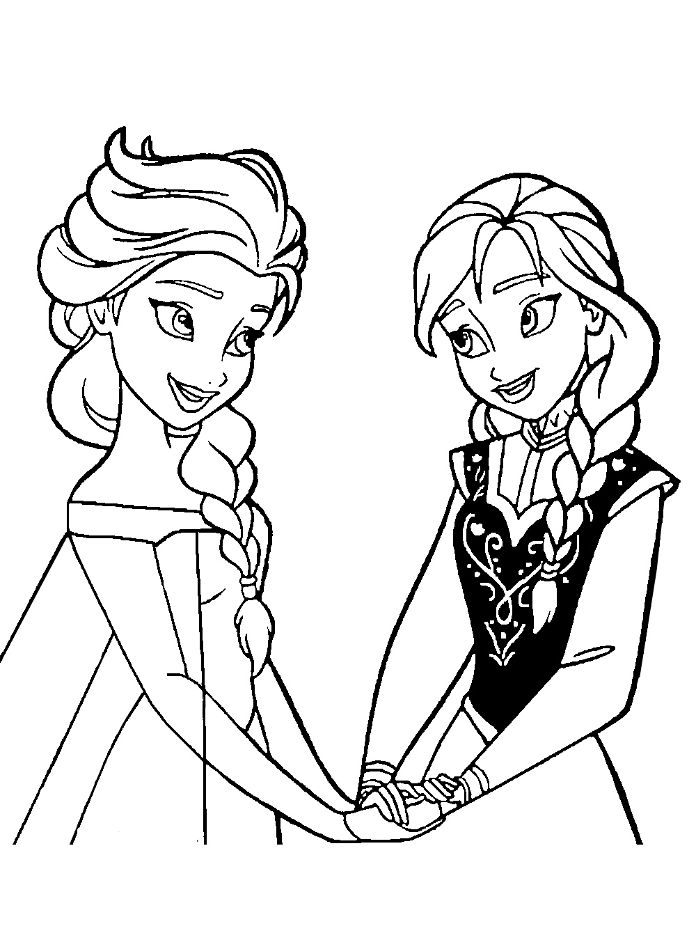 Funny free Frozen coloring page to print and color : Anna & Elsa together, hands in hands