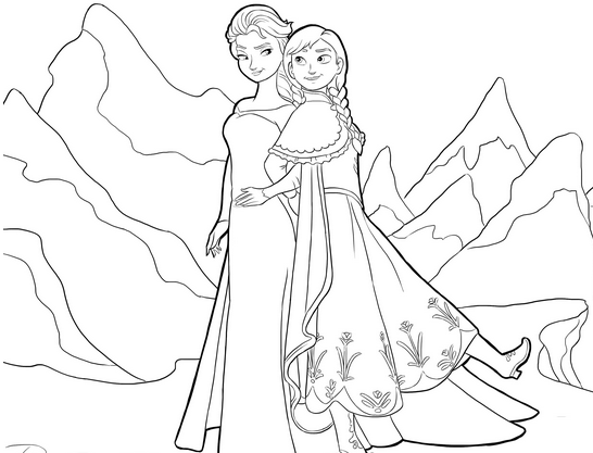 Free Frozen coloring page to print and color : The sisters Anna & Elsa