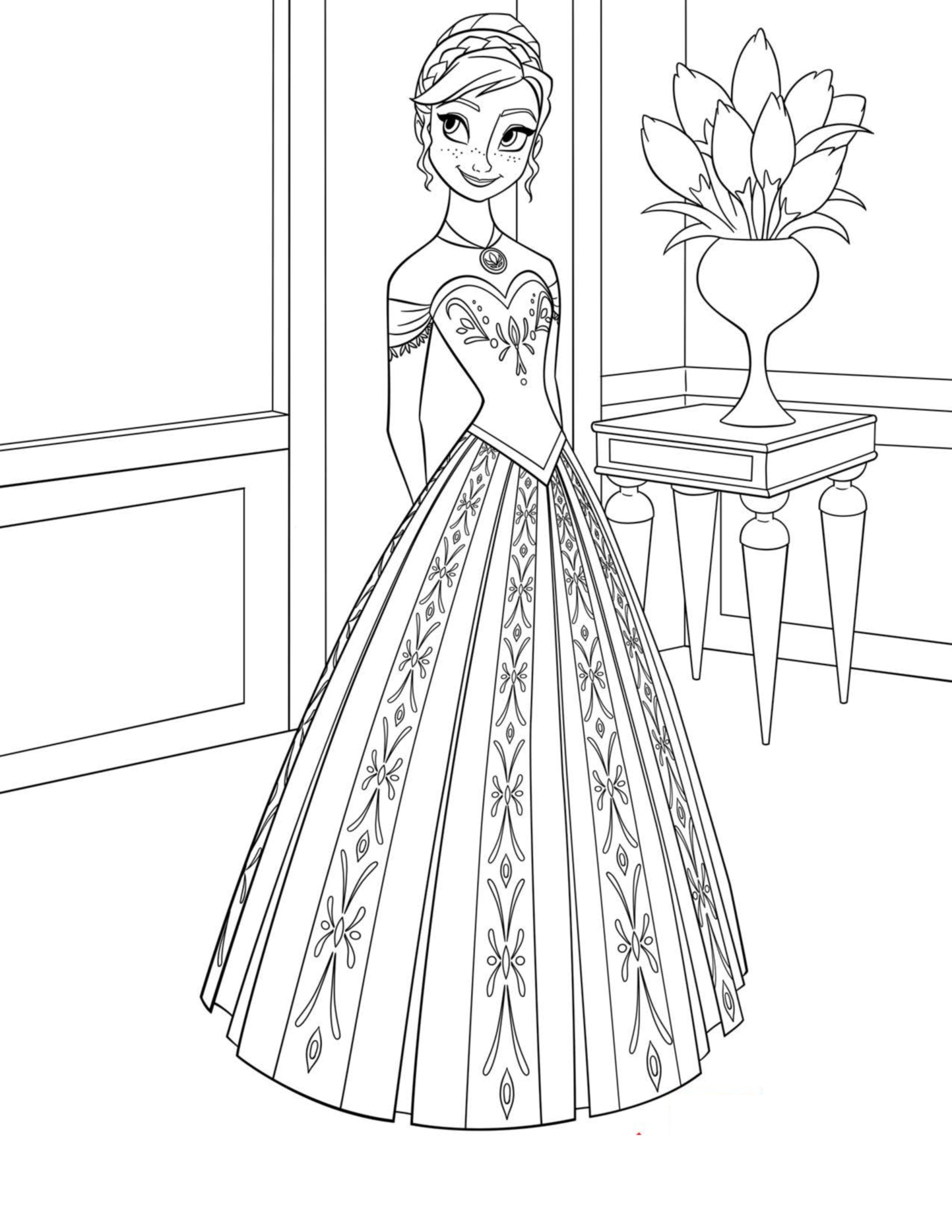 Free Frozen coloring page to print and color, for kids : Anna with a beautiful dress