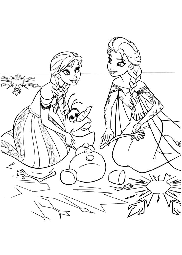 Simple Frozen coloring page to download for free : Anna and Elsa repairing the broken snowman