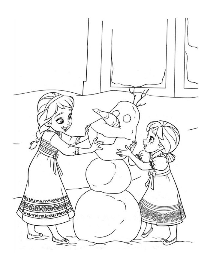 Frozen coloring page to print and color for free : Anna & Elsa (kids) with Olaf