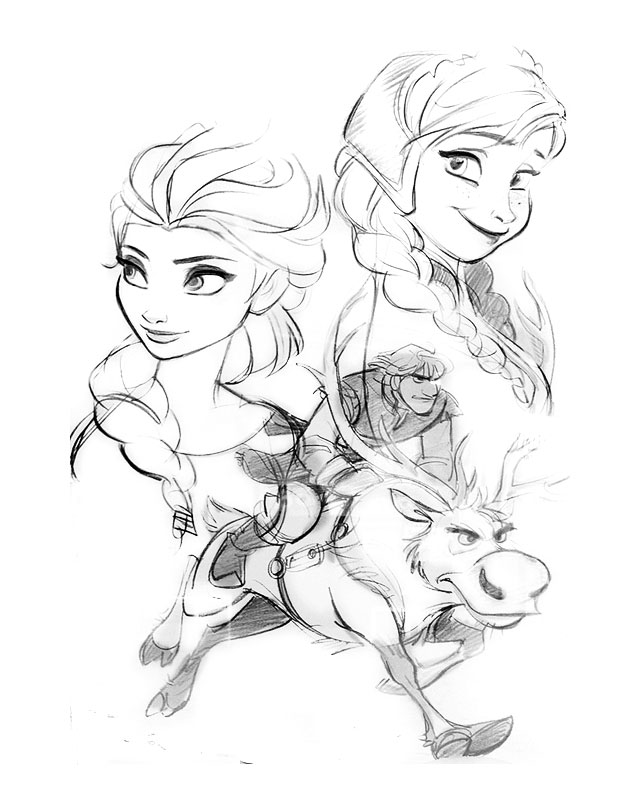 Simple Frozen coloring page to print and color for free : Anna, Elsa & Sven